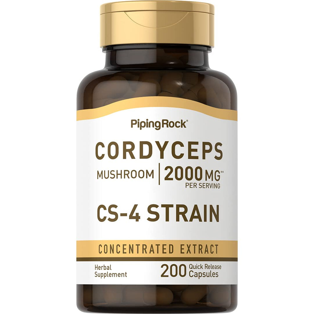 Piping Rock Cordyceps Mushroom Capsules 2000mg – 200 Count | CS-4 Strain | Concentrated Extract | Herbal Supplement | Non-GMO, Gluten Free
