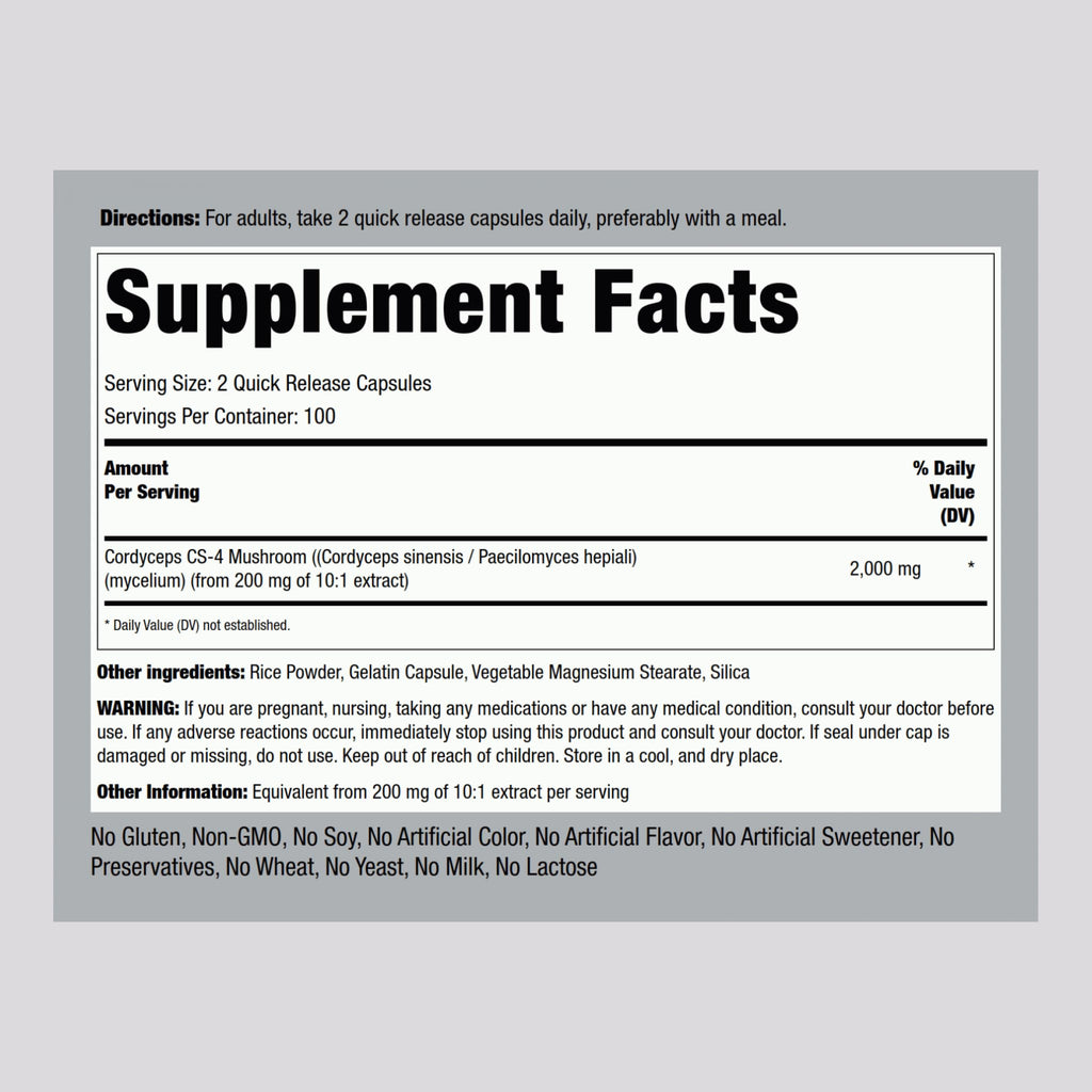 Piping Rock Cordyceps Mushroom Capsules 2000mg – 200 Count | CS-4 Strain | Concentrated Extract | Herbal Supplement | Non-GMO, Gluten Free