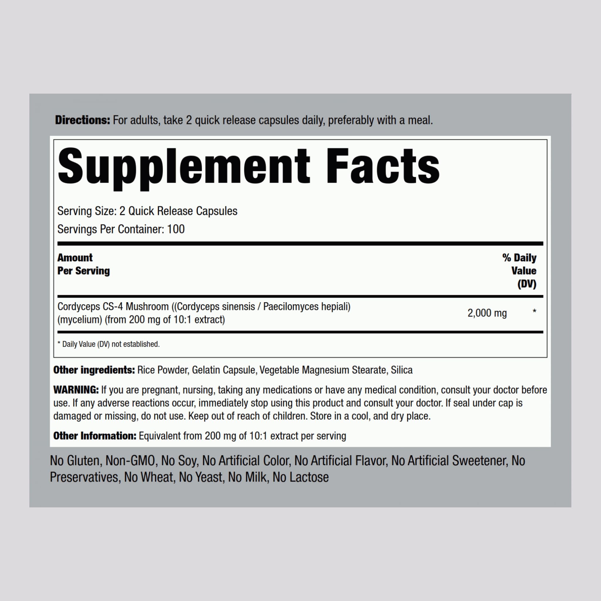 Piping Rock Cordyceps Mushroom Capsules 2000mg – 200 Count | CS-4 Strain | Concentrated Extract | Herbal Supplement | Non-GMO, Gluten Free