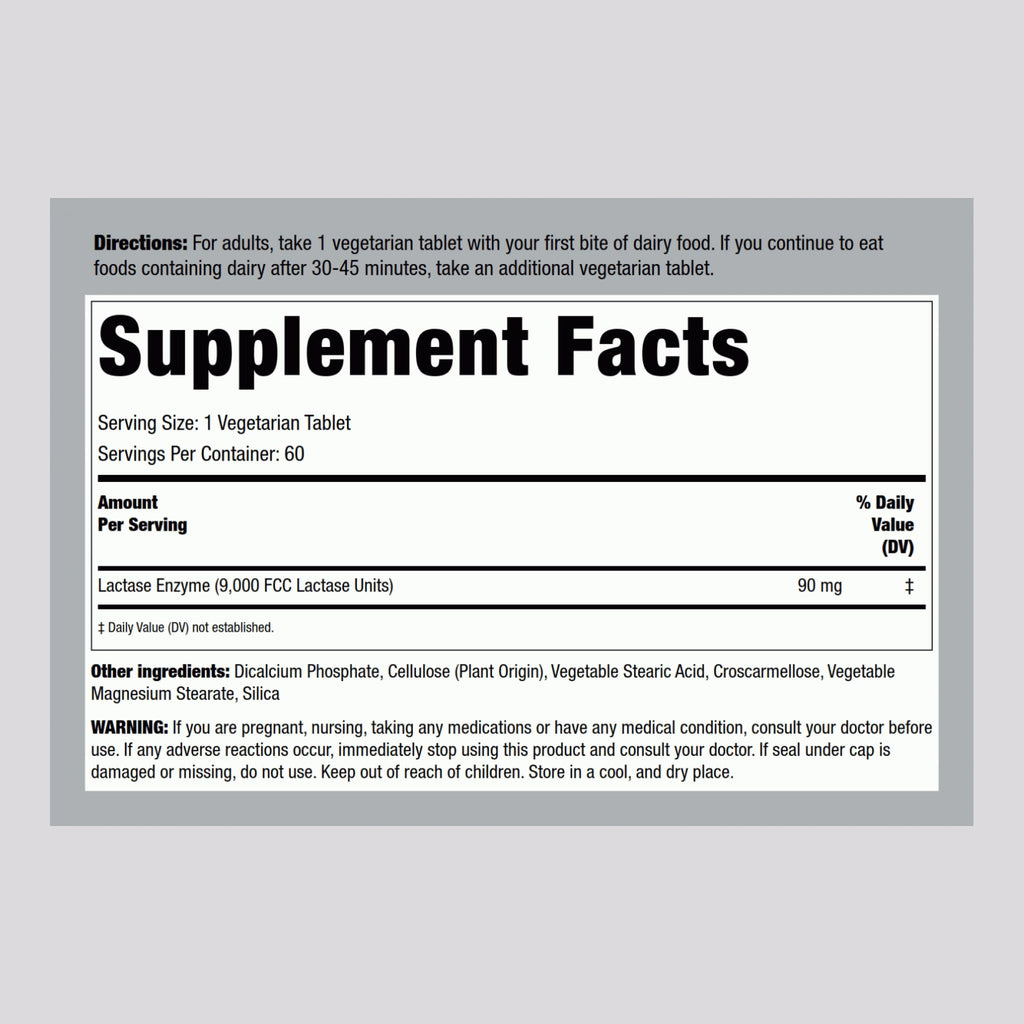 Piping Rock Dairy Relief Pills – Lactase Enzyme Supplement, 9000 FCC, 60 Tablets, Vegetarian, Non-GMO, Gluten Free