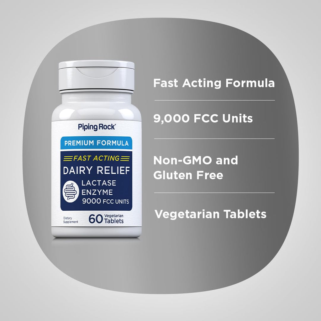 Piping Rock Lactase Pills 9000 FCC – Dairy Relief, Vegetarian, Non-GMO, Gluten Free (Pack of 2)