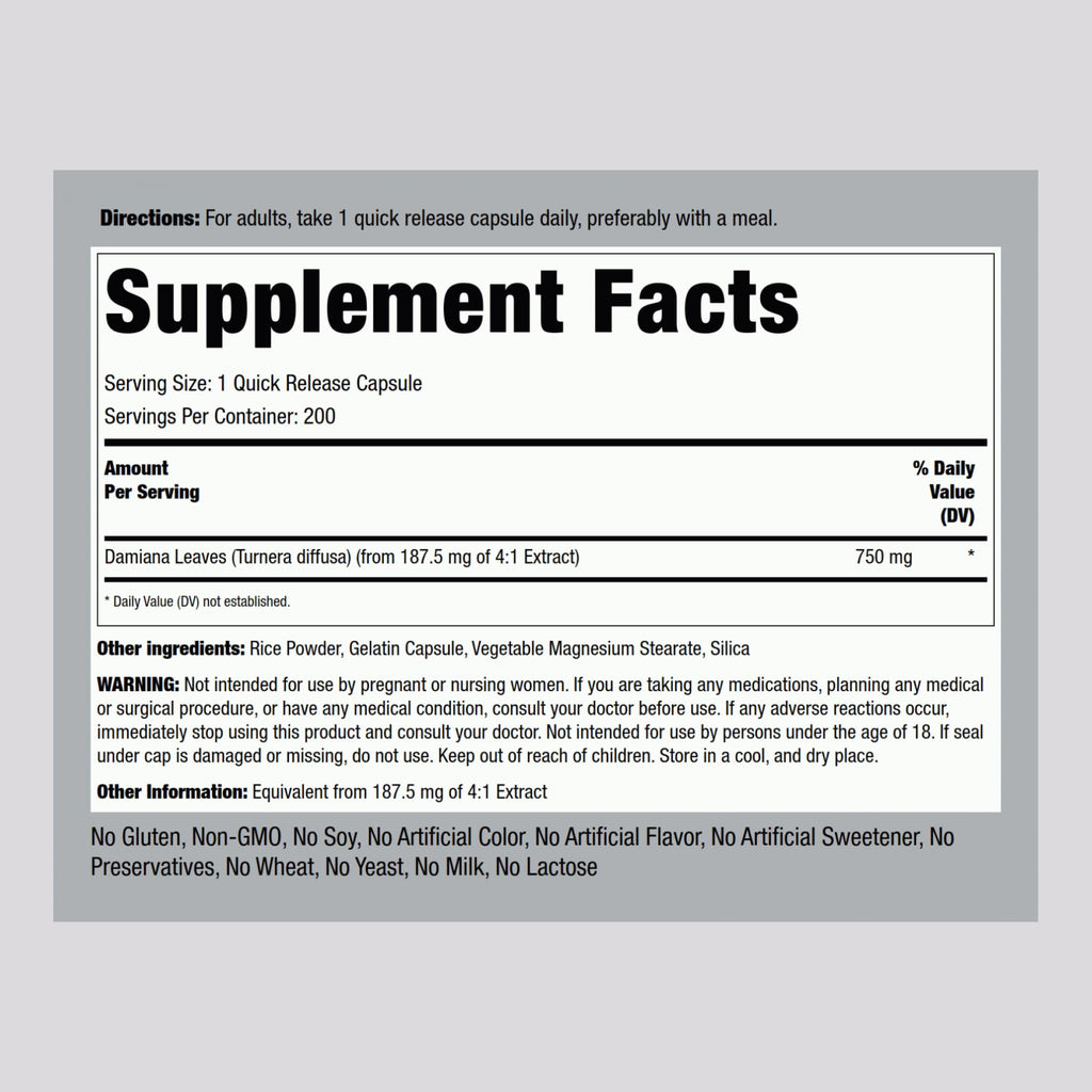 Piping Rock Damiana Leaf Capsules | 750 mg | 200 Count | Non-GMO, Gluten Free