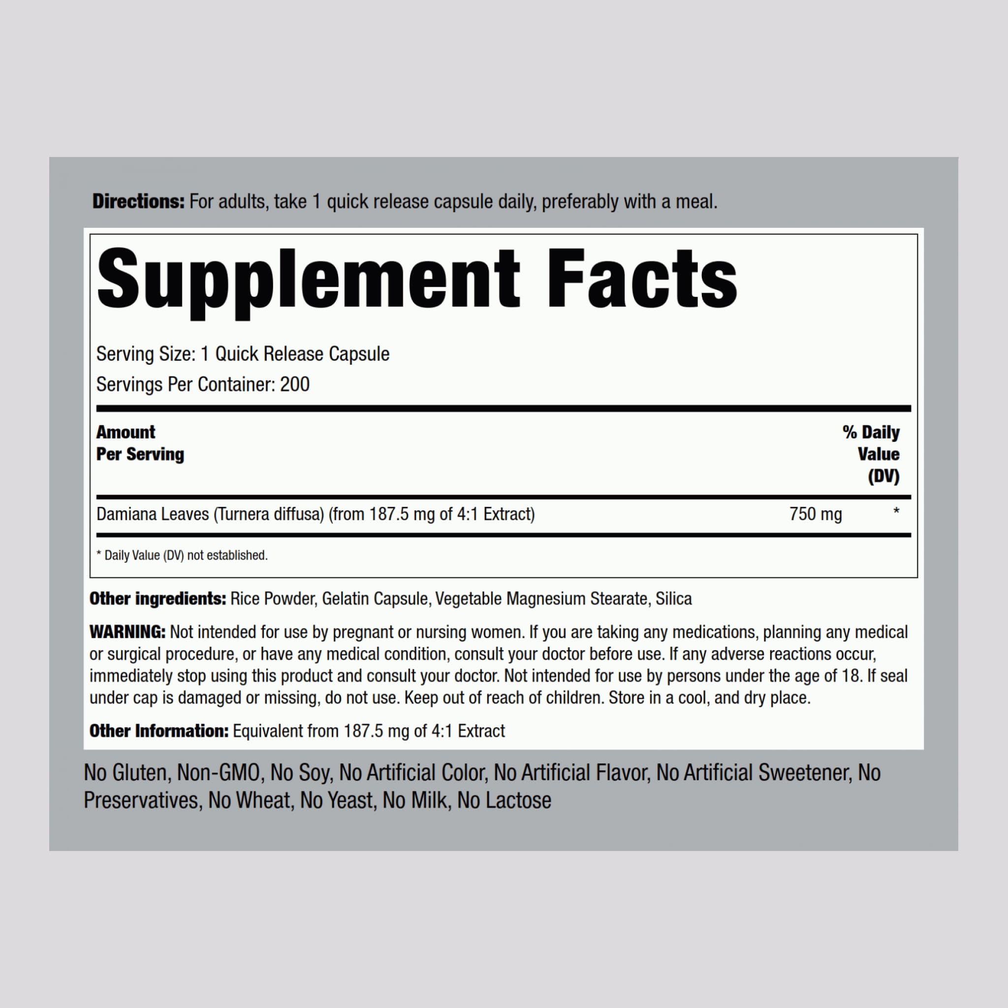 Piping Rock Damiana Leaf Capsules | 750 mg | 200 Count | Non-GMO, Gluten Free