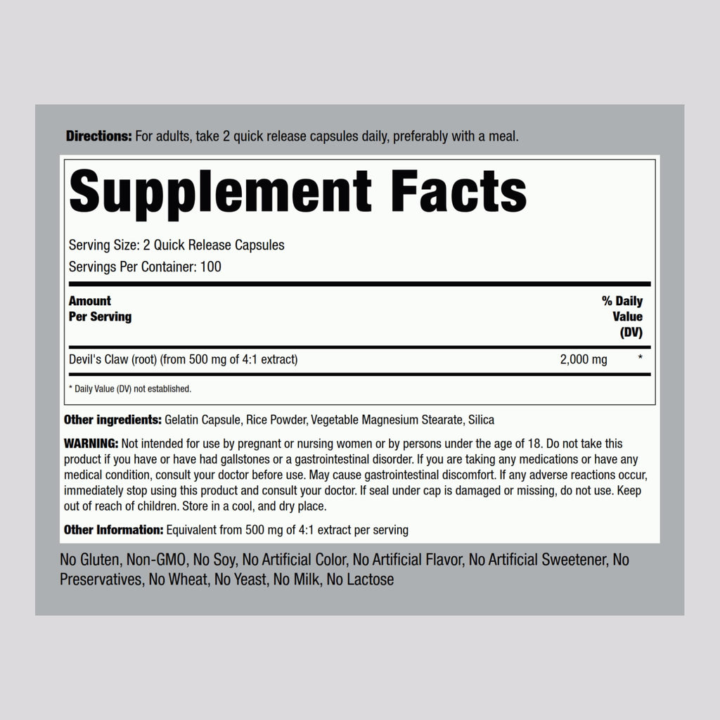 Piping Rock Devils Claw 2000mg | 200 Capsules | Herbal Supplement | Concentrated Extract | Non-GMO, Gluten Free