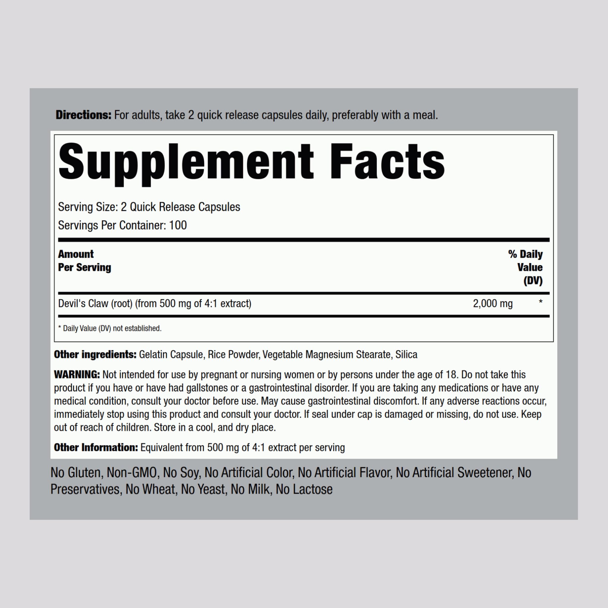 Piping Rock Devils Claw 2000mg | 200 Capsules | Herbal Supplement | Concentrated Extract | Non-GMO, Gluten Free