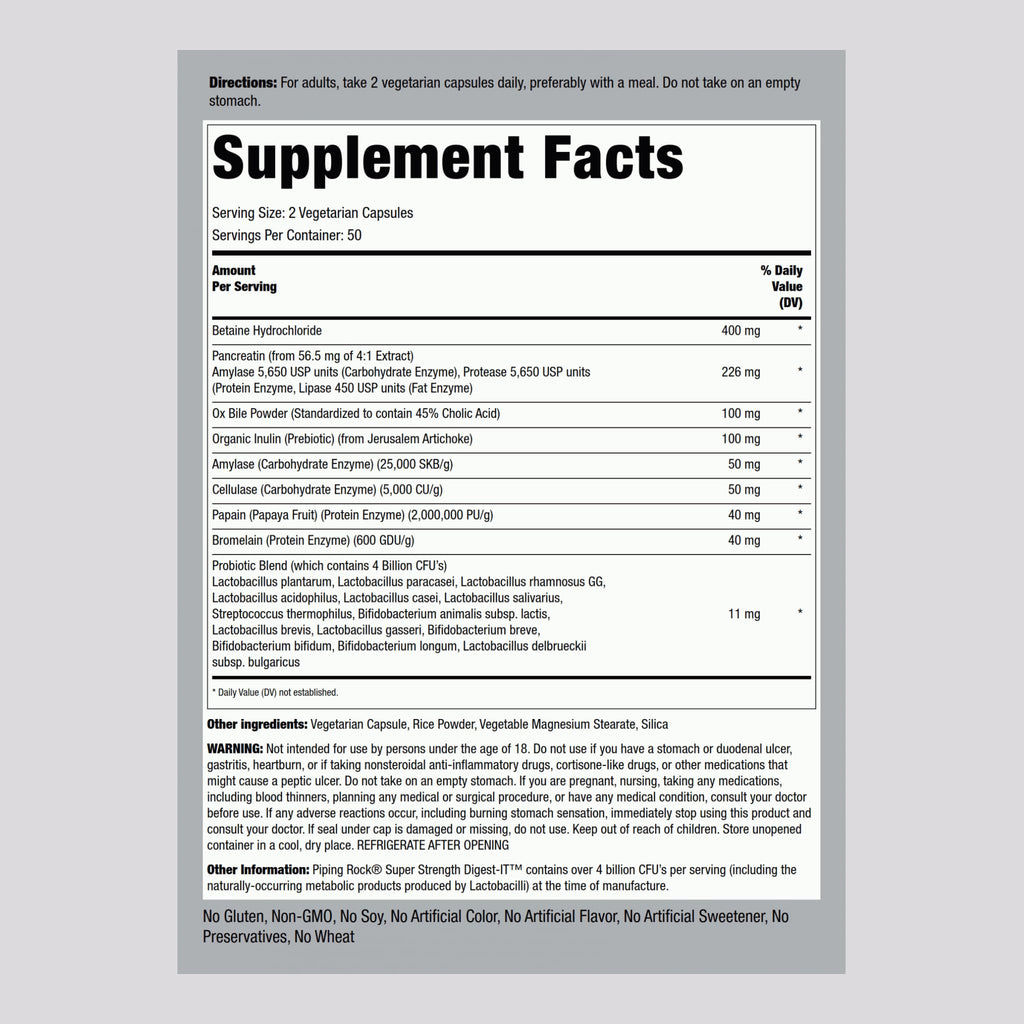 Piping Rock Digestive Enzymes with Probiotics & Prebiotics - 100 Capsules