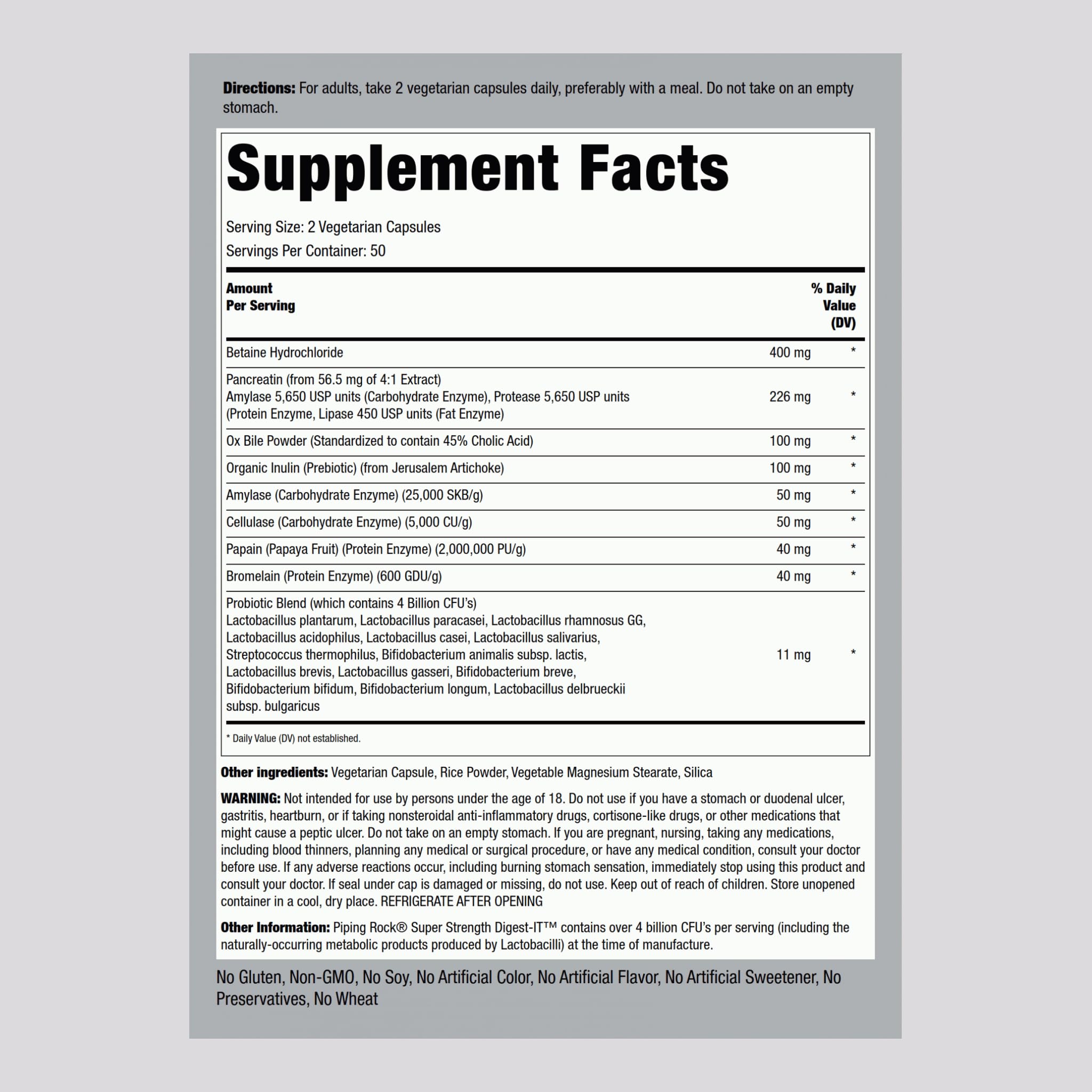 Piping Rock Digestive Enzymes with Probiotics & Prebiotics - 100 Capsules
