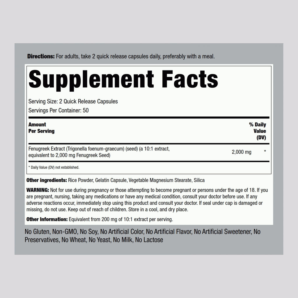 Piping Rock Fenugreek Capsules 2000mg | 100 Pills | Pack of 2 | Non-GMO, Gluten Free
