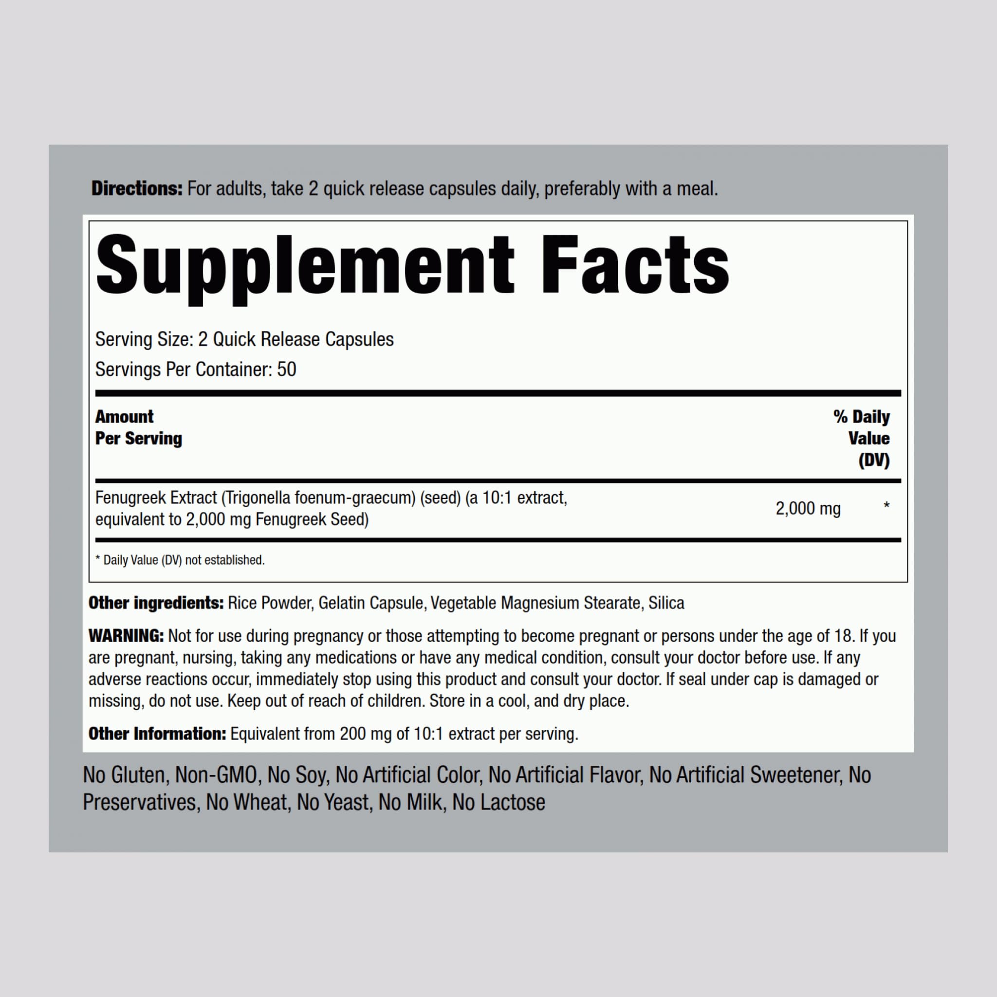 Piping Rock Fenugreek Capsules 2000mg | 100 Pills | Pack of 2 | Non-GMO, Gluten Free