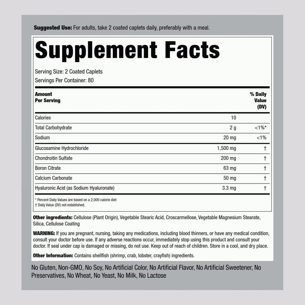 Piping Rock Glucosamine Chondroitin with Hyaluronic Acid – 160 Caplets (Pack of 2)
