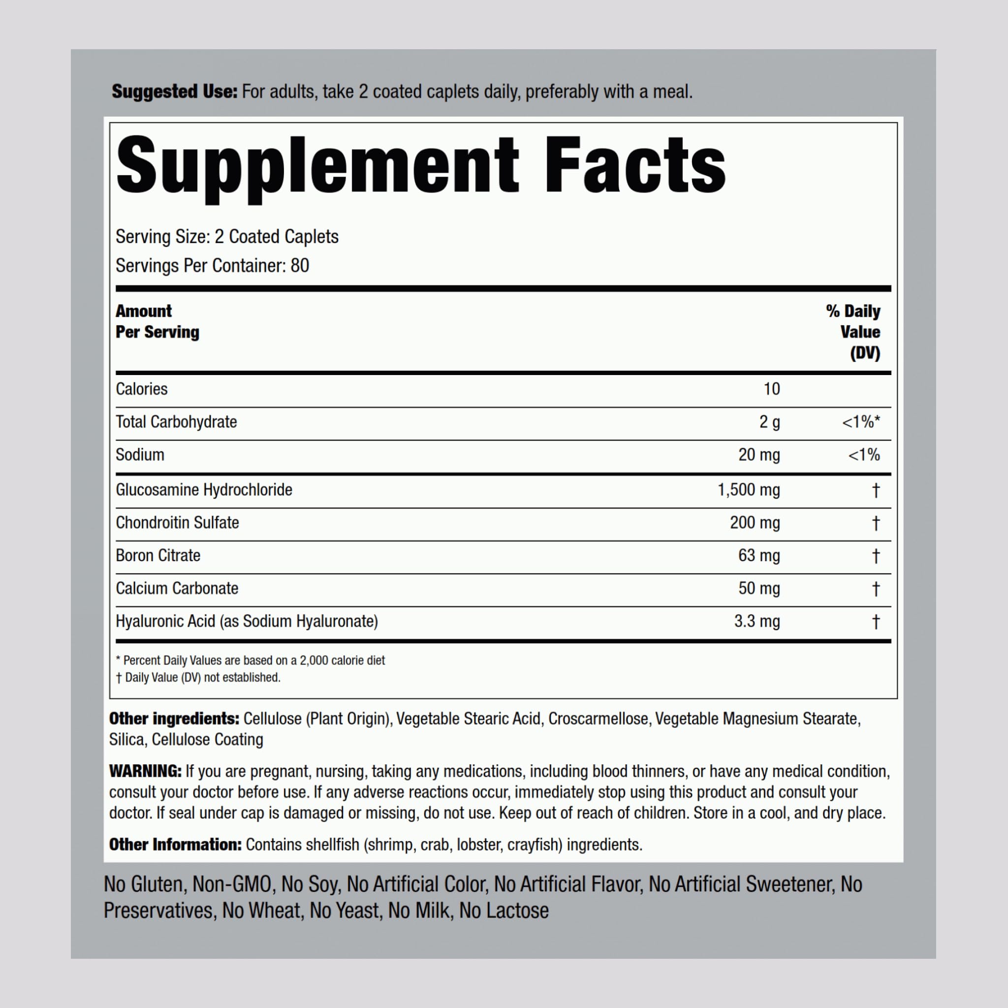 Piping Rock Glucosamine Chondroitin with Hyaluronic Acid – 160 Caplets (Pack of 2)