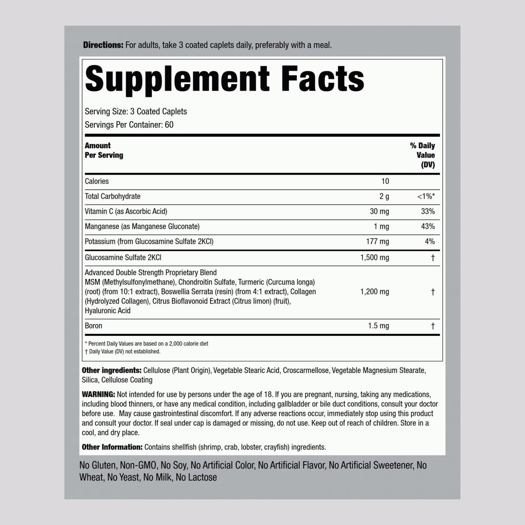 Piping Rock Glucosamine Chondroitin MSM Plus Turmeric – 180 Caplets | Double Strength