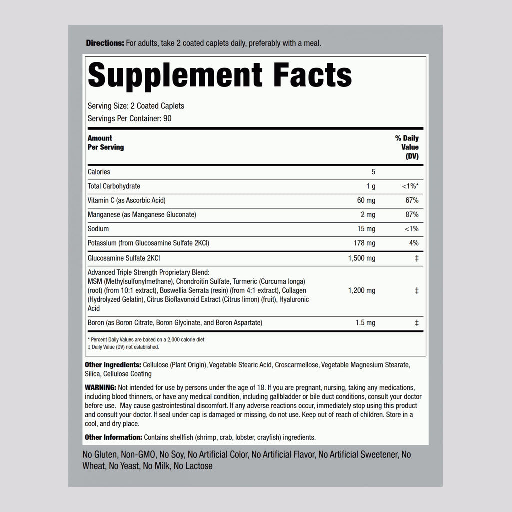 Piping Rock Glucosamine Chondroitin MSM Turmeric – 180 Caplets, Triple Strength (Pack of 2) | Non-GMO & Gluten Free