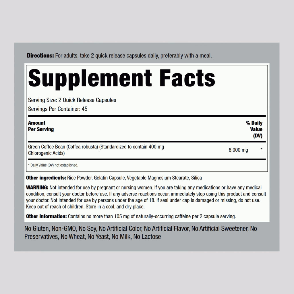 Piping Rock Green Coffee Bean Extract 8000 mg - 90 Capsules | Non-GMO & Gluten Free