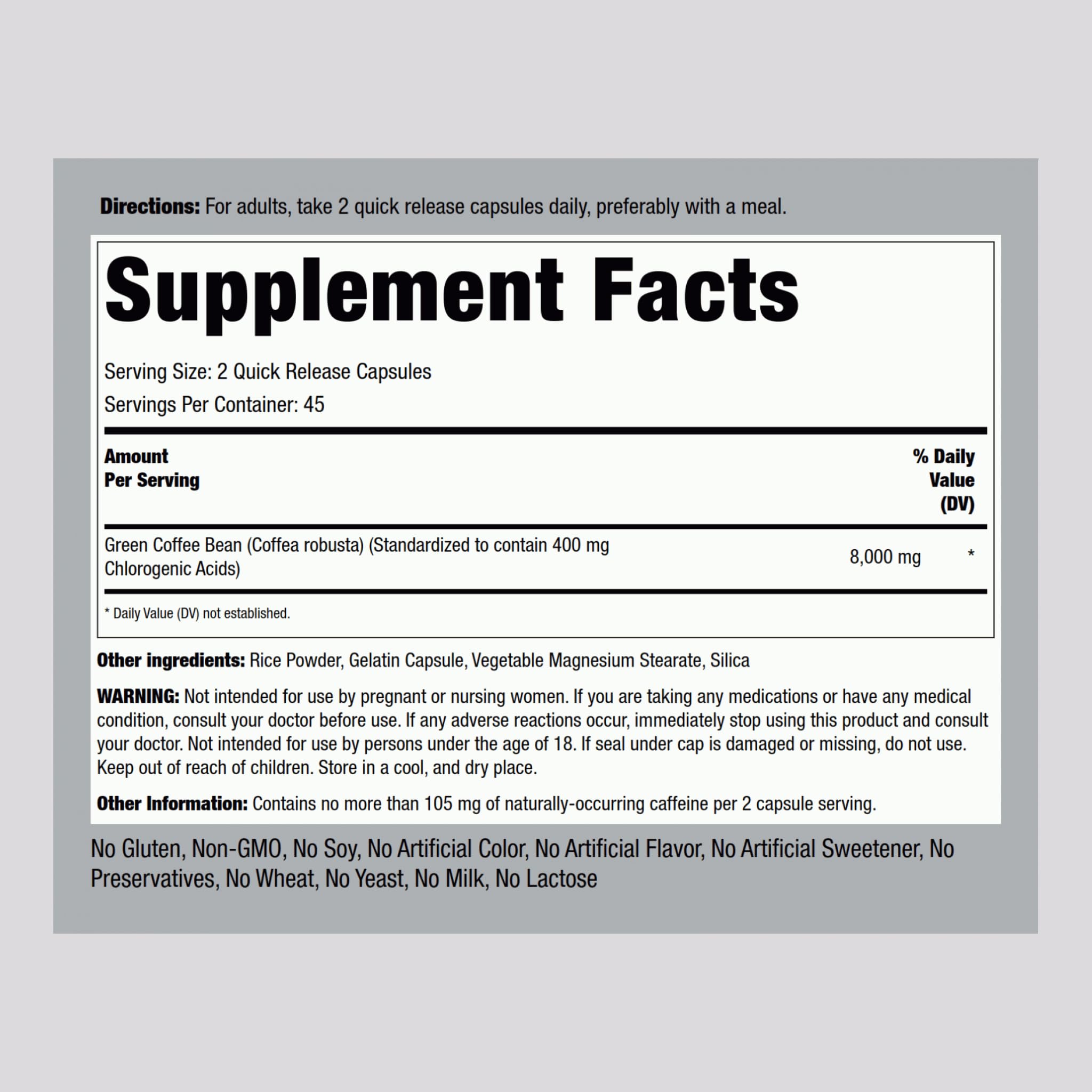Piping Rock Green Coffee Bean Extract 8000 mg - 90 Capsules | Non-GMO & Gluten Free