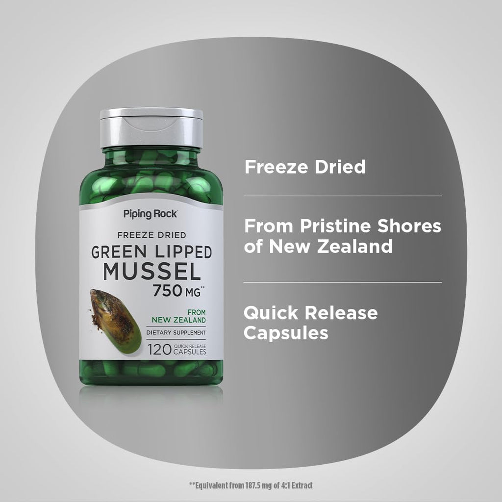 Piping Rock Green Lipped Mussel 750mg – 120 Capsules | NZ Freeze-Dried, Non-GMO, Gluten Free