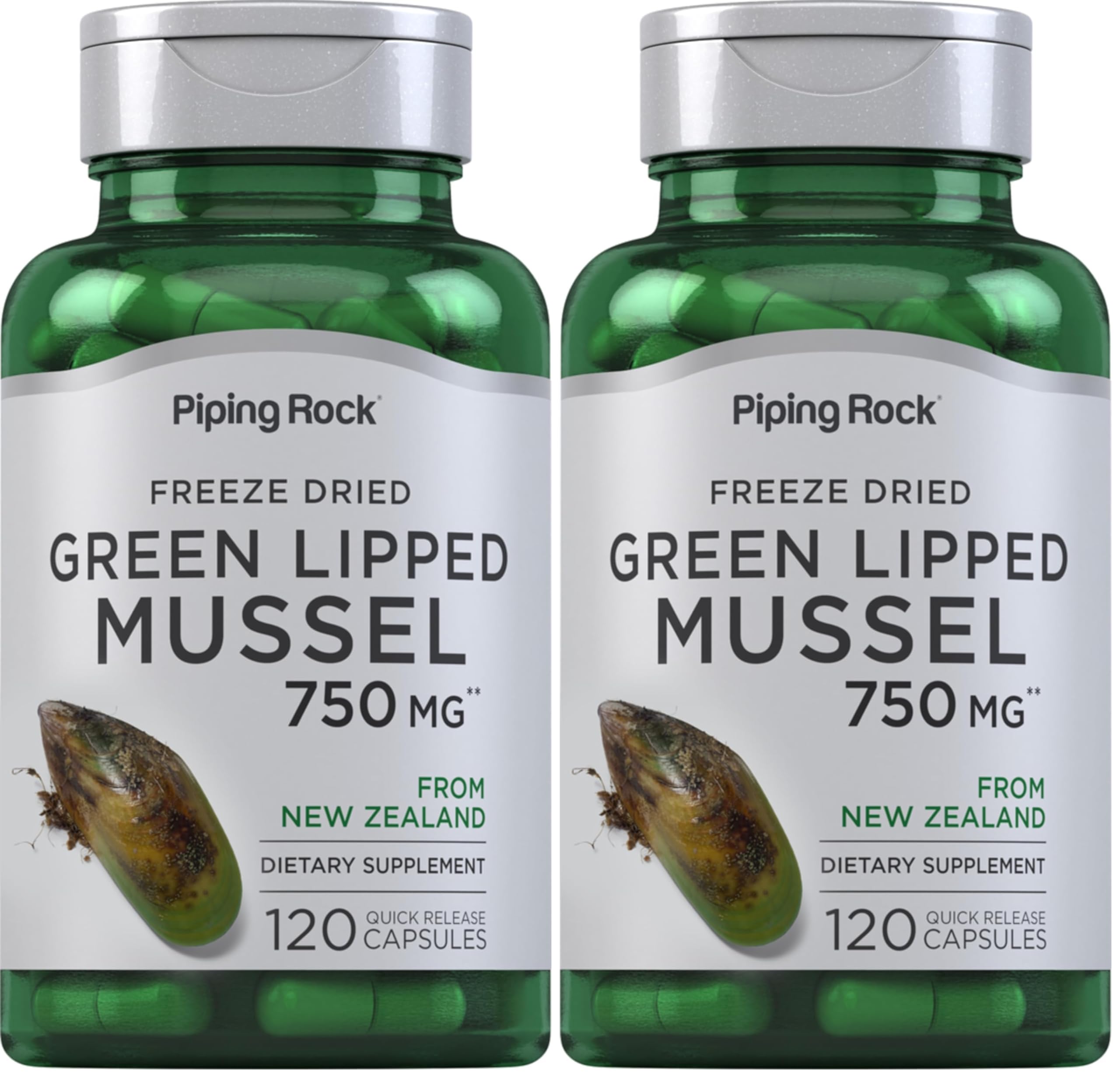 Piping Rock Green Lipped Mussel 750mg | 120 Capsules | NZ Freeze Dried | Non-GMO, Gluten Free (Pack of 2)