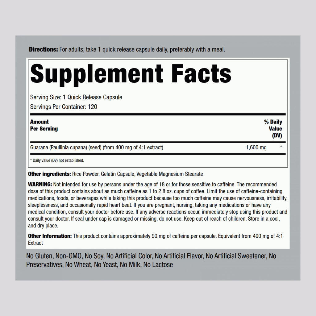 Piping Rock Guarana Capsules 1600 mg | 120 Count | Pack of 2 | Non-GMO Gluten Free