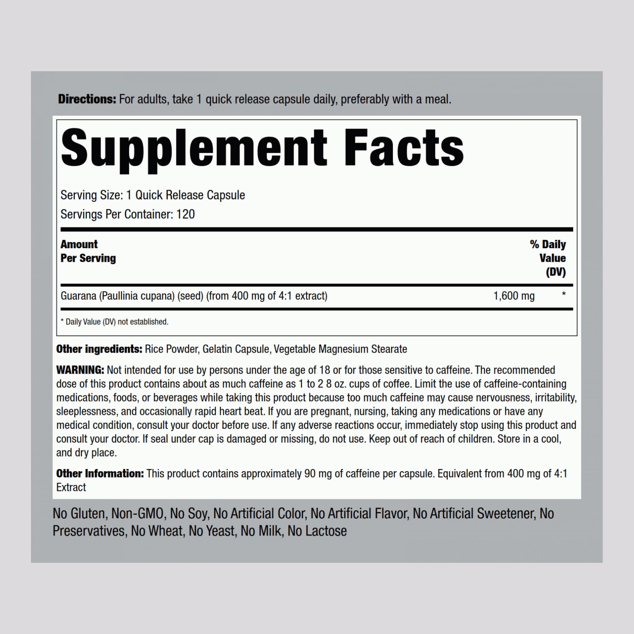 Piping Rock Guarana Capsules 1600 mg | 120 Count | Pack of 2 | Non-GMO Gluten Free