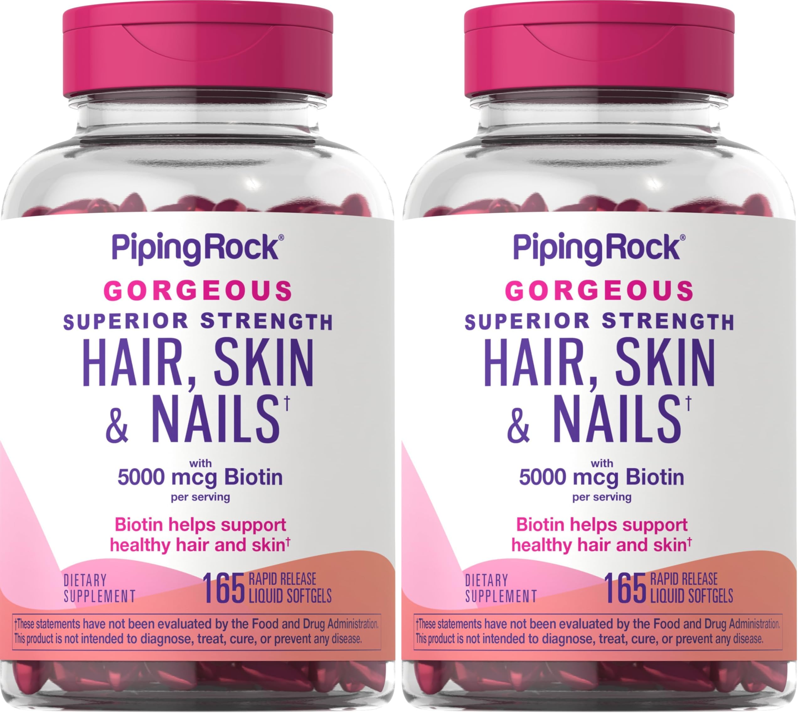 Piping Rock Hair Skin Nails Vitamins – 165 Softgels, 5000 mcg Biotin, Argan & Coconut Oil, Non-GMO (Pack of 2)