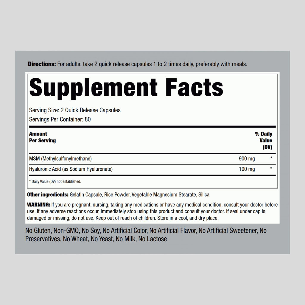 Piping Rock Hyaluronic Acid with MSM 1000mg | 160 Capsules | Pack of 2 | Non-GMO & Gluten Free