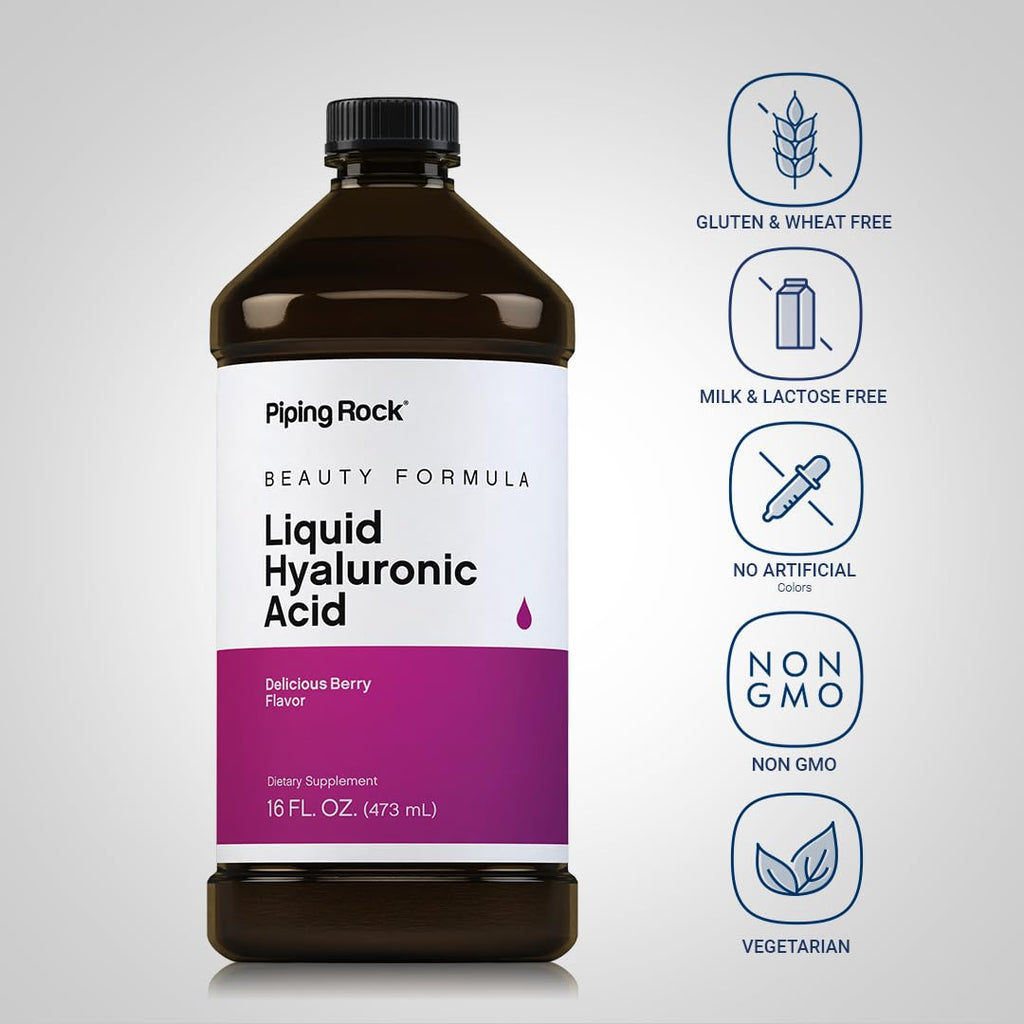 Piping Rock Hyaluronic Acid Supplement 100mg - Berry Liquid, 16 oz | Vegetarian, Non-GMO, Gluten Free (Pack of 2)