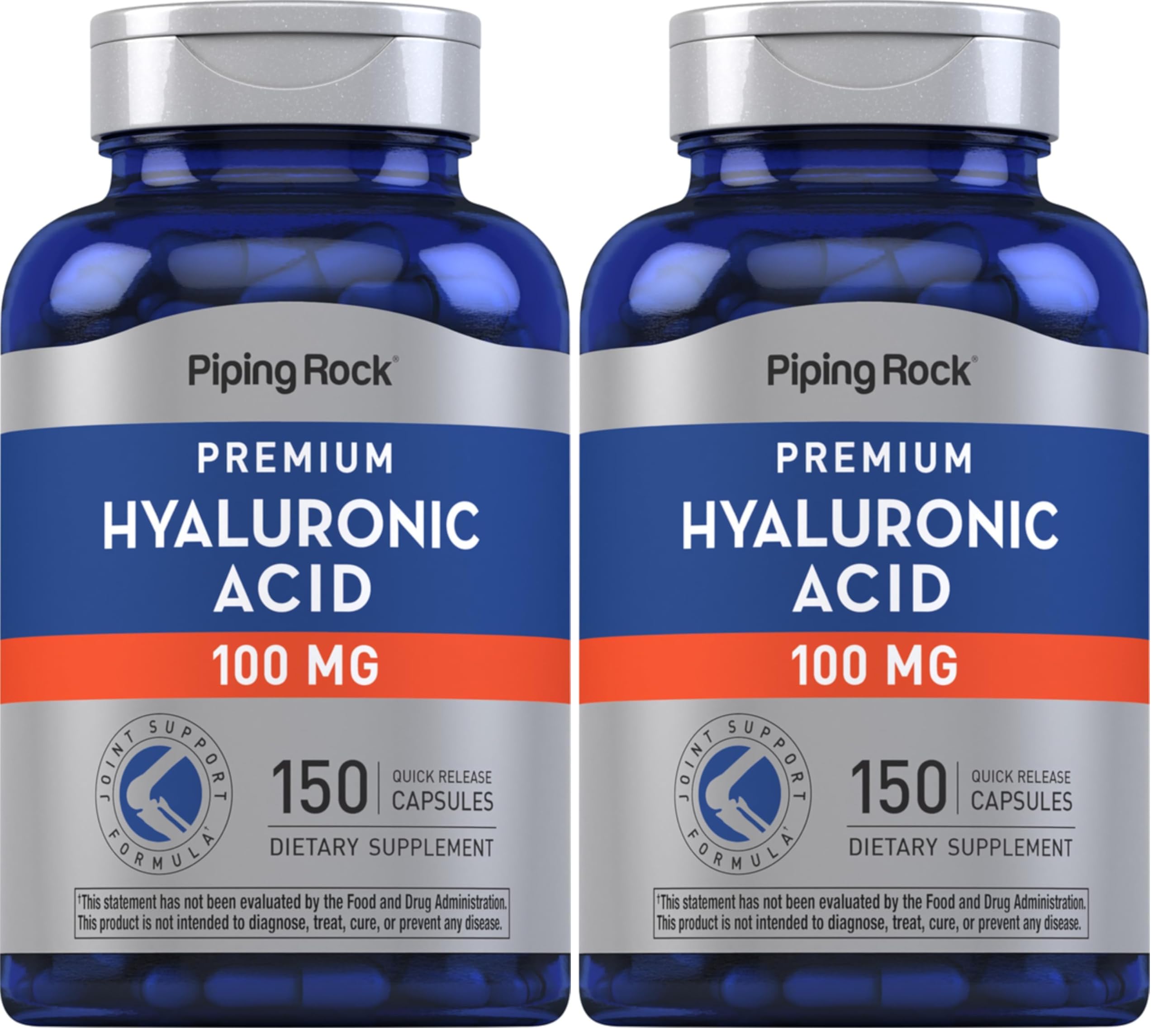 Piping Rock Hyaluronic Acid Supplement | 100 mg | 150 Capsules | Sodium Hyaluronate | Non-GMO, Gluten Free (Pack of 2)