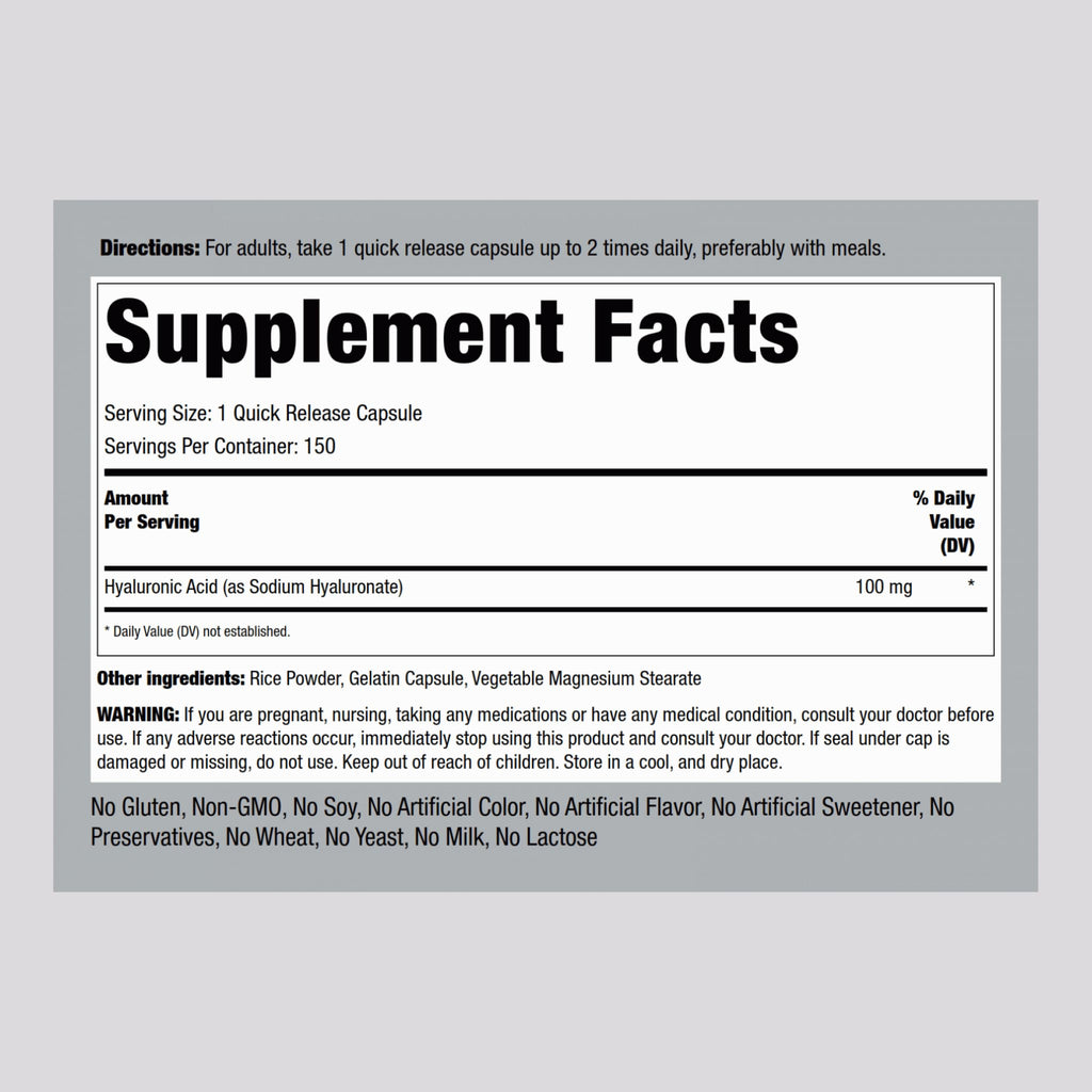 Piping Rock Hyaluronic Acid Supplement | 100 mg | 150 Capsules | Sodium Hyaluronate | Non-GMO, Gluten Free (Pack of 2)