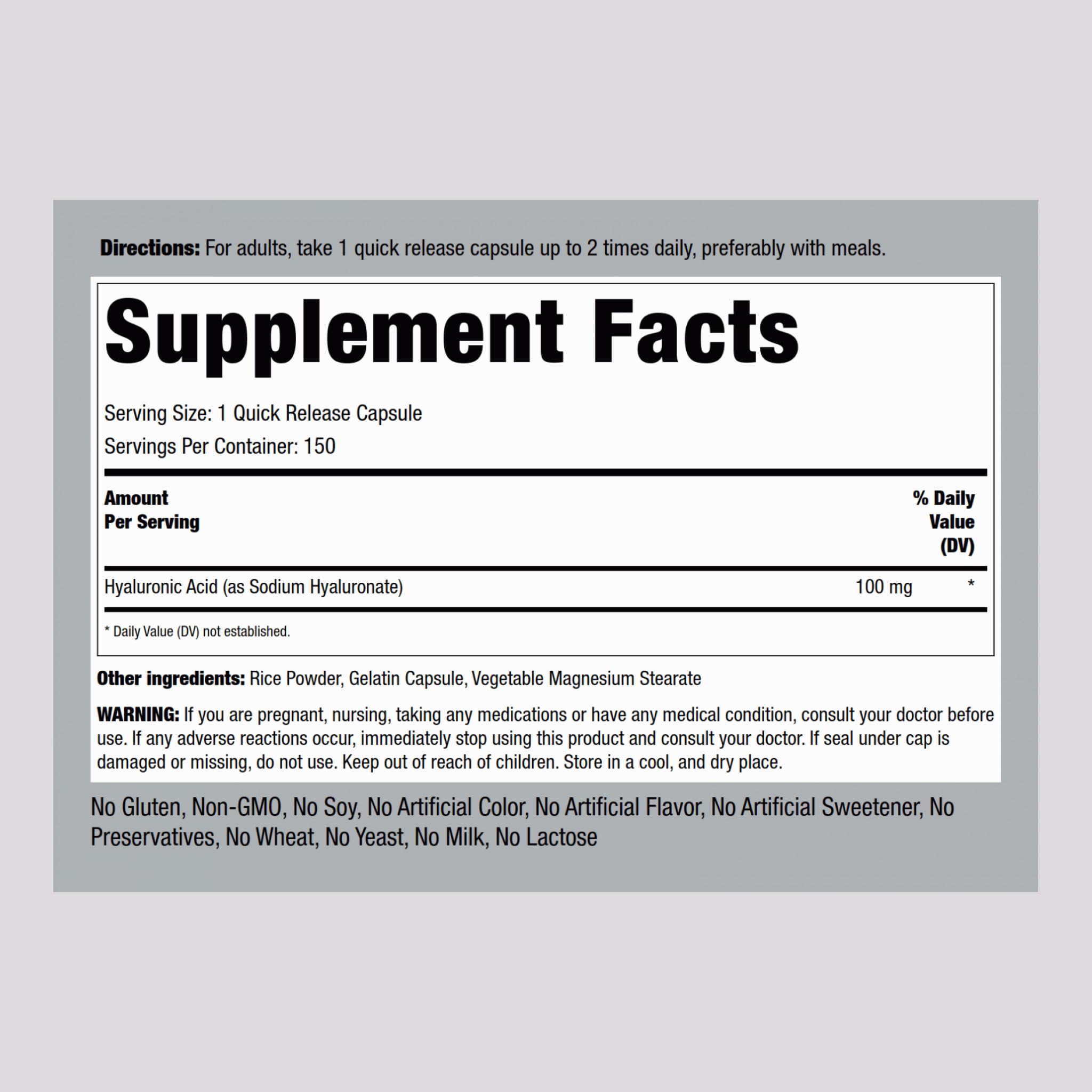 Piping Rock Hyaluronic Acid Supplement | 100 mg | 150 Capsules | Sodium Hyaluronate | Non-GMO, Gluten Free (Pack of 2)