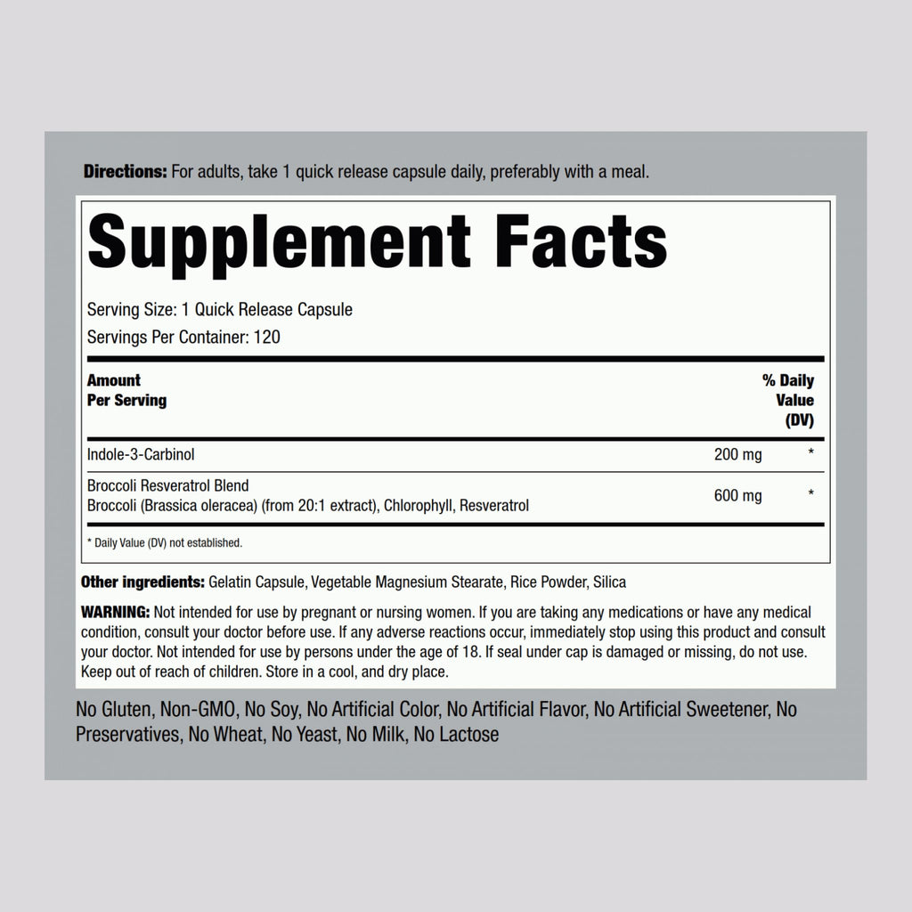 Piping Rock Indole-3-Carbinol 200mg - 120 Capsules | I3C + Broccoli Extract | Non-GMO, Gluten Free