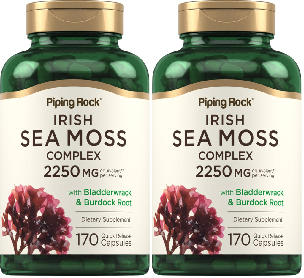 Piping Rock Irish Sea Moss Capsules 2250mg | Bladderwrack & Burdock | Non-GMO & Gluten Free | Pack of 2