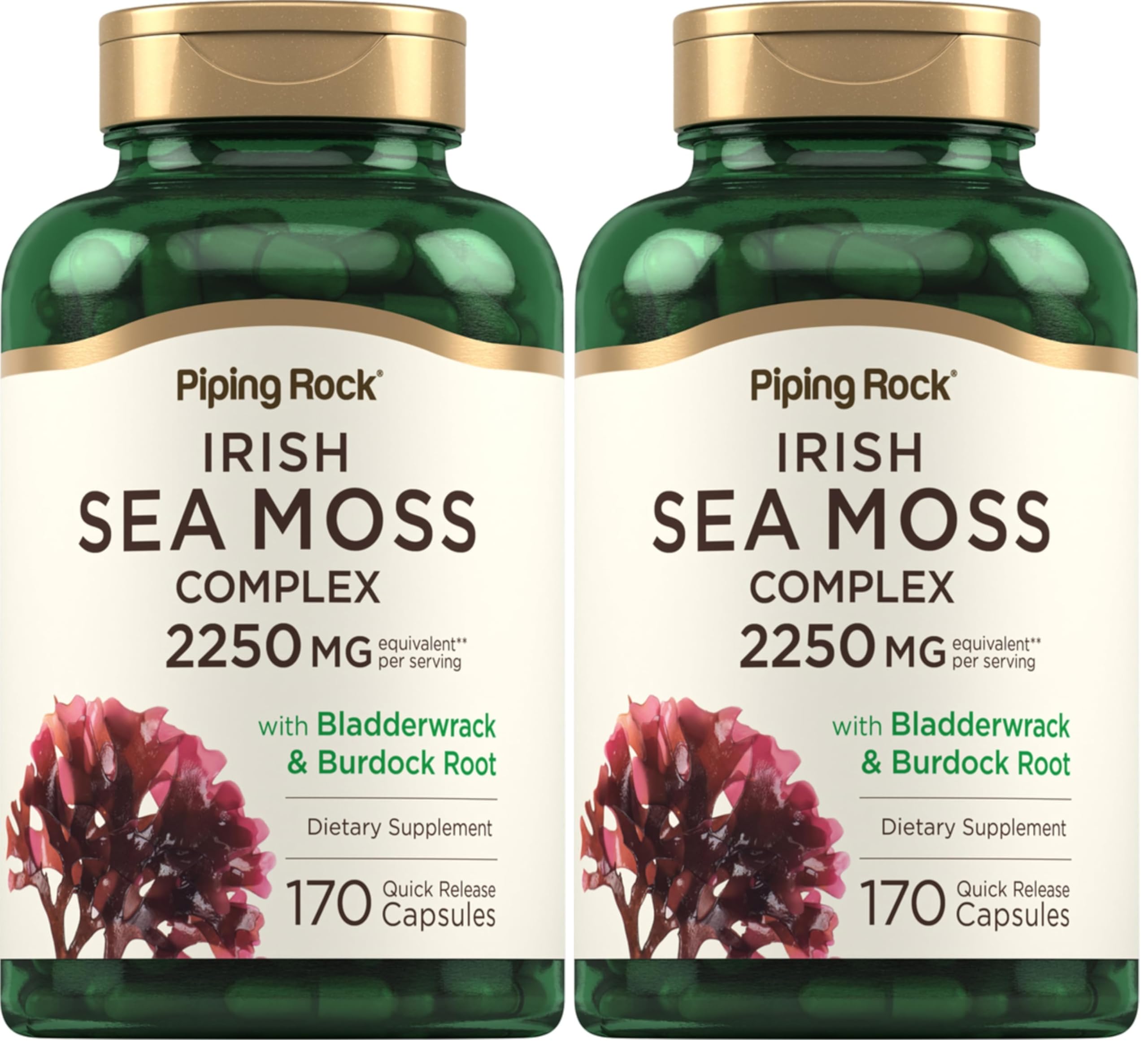 Piping Rock Irish Sea Moss Capsules 2250mg | Bladderwrack & Burdock | Non-GMO & Gluten Free | Pack of 2