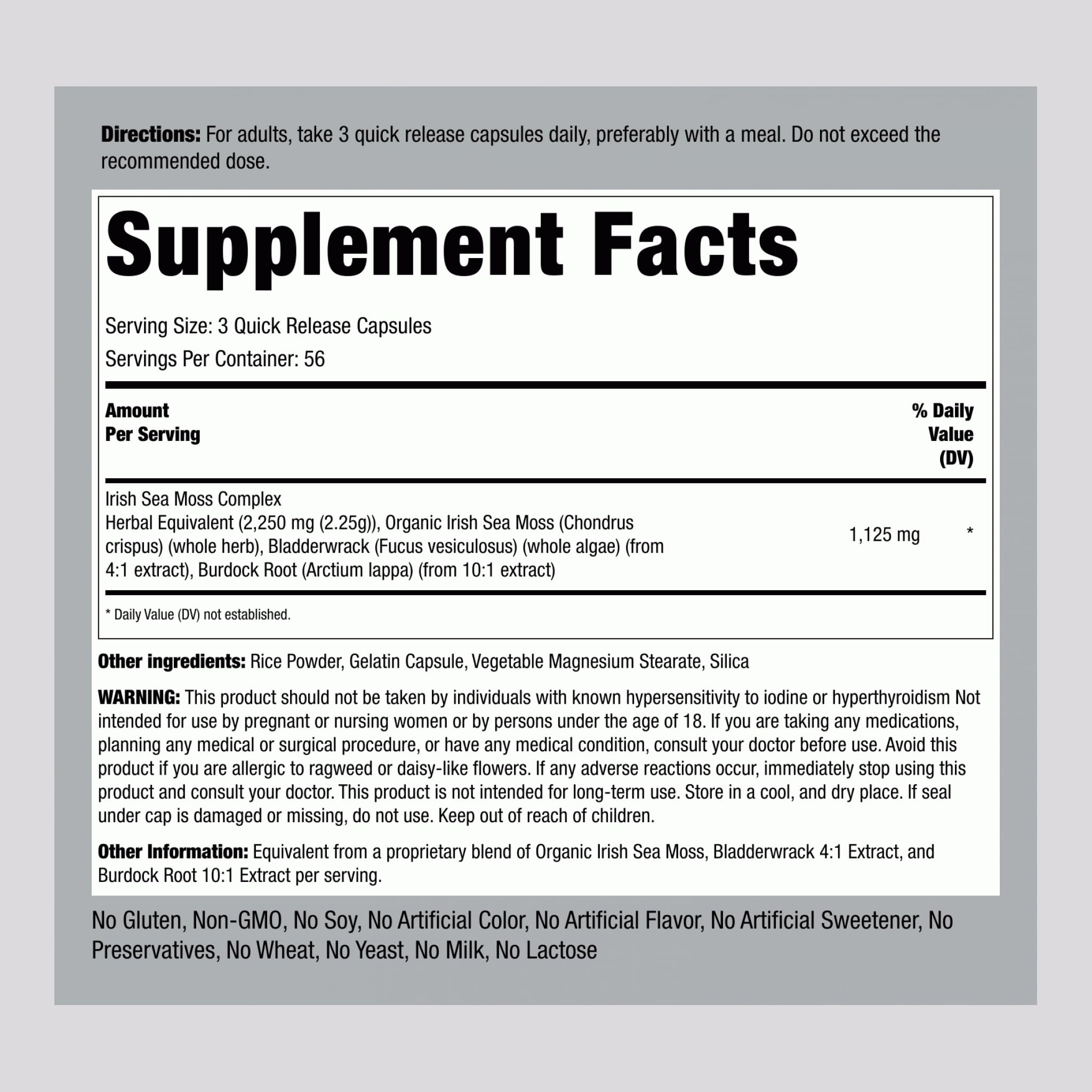 Piping Rock Irish Sea Moss Capsules 2250mg | Bladderwrack & Burdock | Non-GMO & Gluten Free | Pack of 2