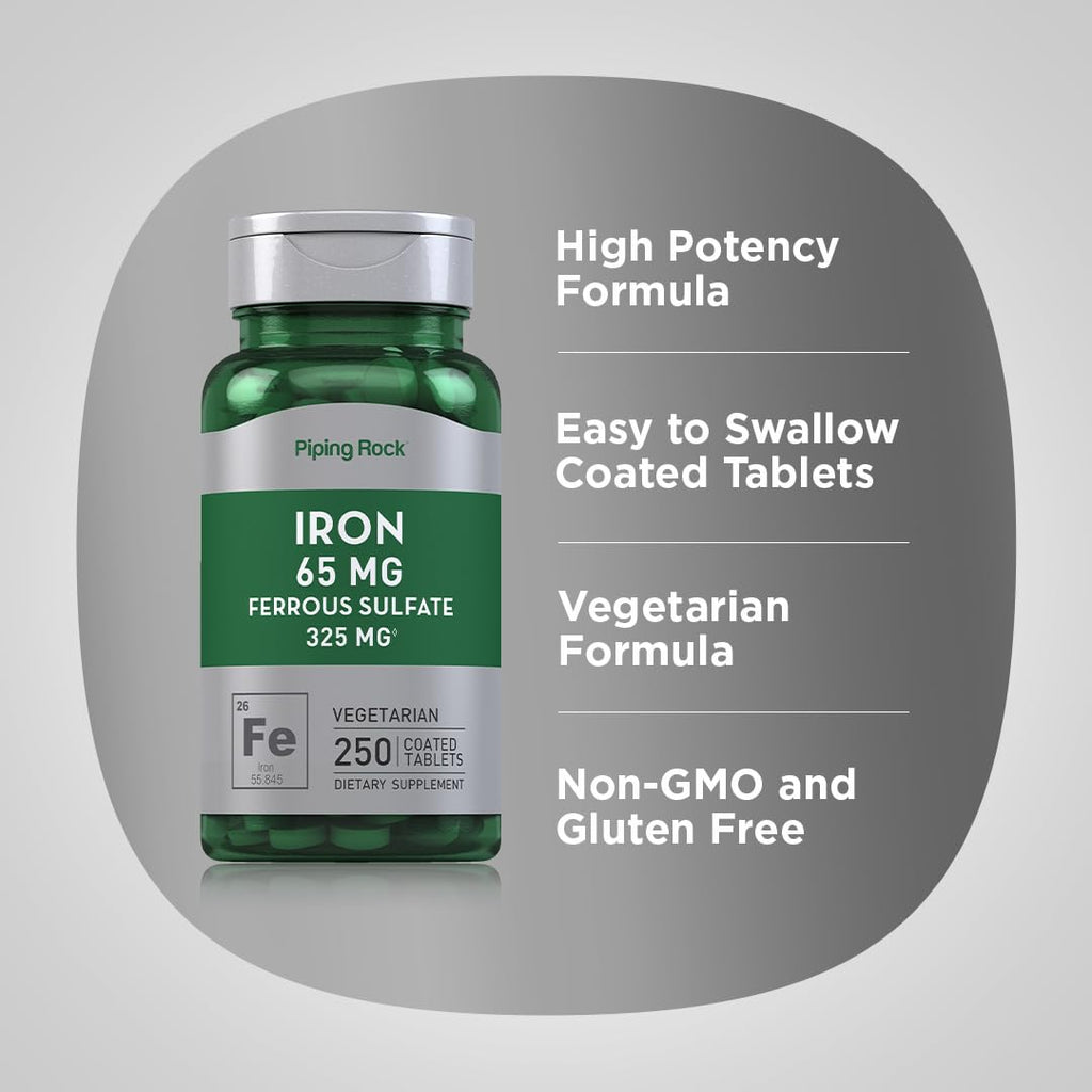 Piping Rock Iron 65mg Ferrous Sulfate | 250 Tablets | High Potency | Pack of 2