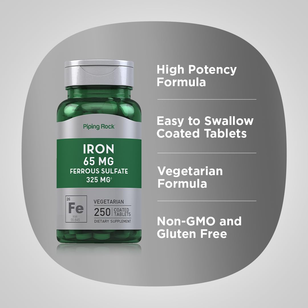 Piping Rock Iron 65mg Ferrous Sulfate | 250 Tablets | High Potency | Pack of 2
