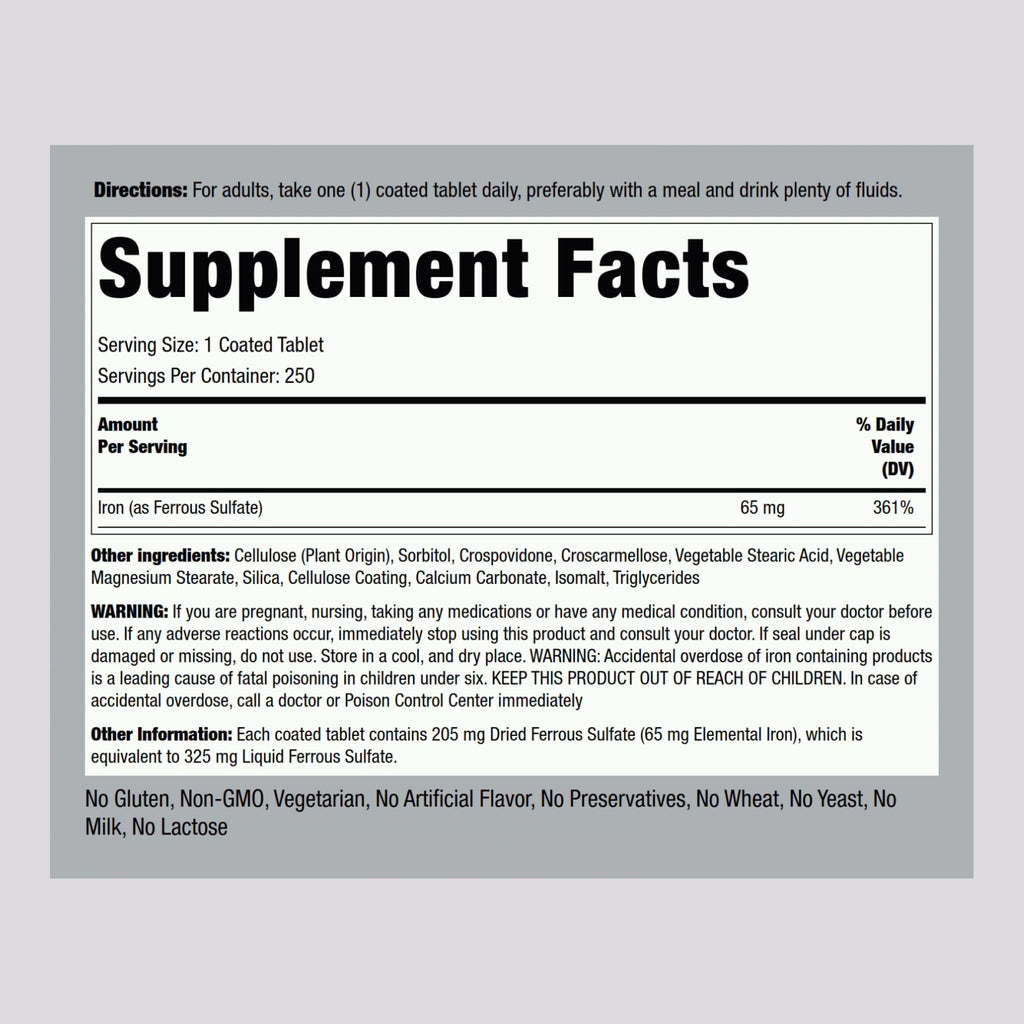 Piping Rock Iron 65mg Ferrous Sulfate | 250 Tablets | High Potency | Pack of 2