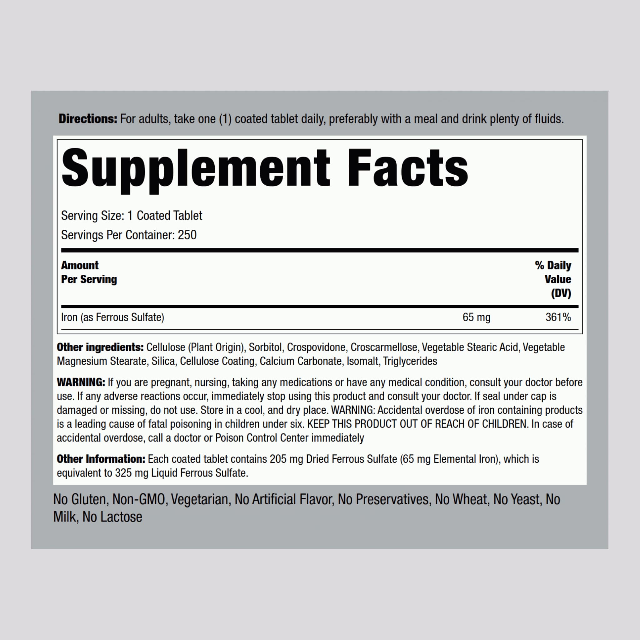 Piping Rock Iron 65mg Ferrous Sulfate | 250 Tablets | High Potency | Pack of 2