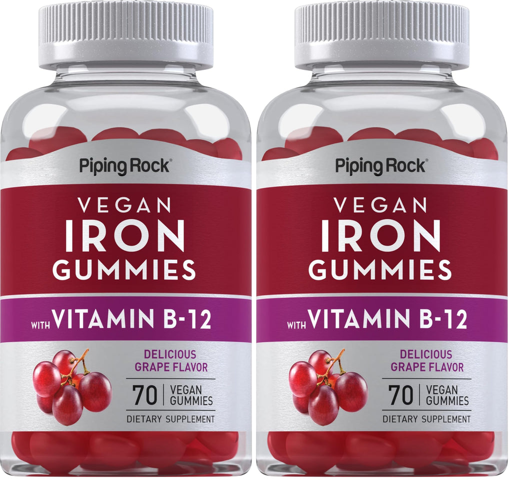 Piping Rock Iron Gummies – 70 Count, B12, Grape Flavor, Vegan & Gluten Free (2 Pack)