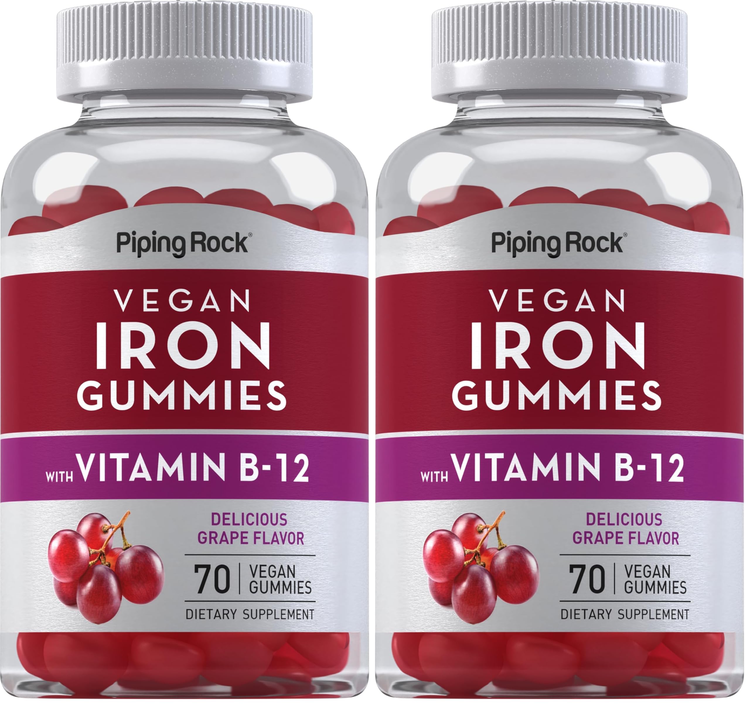 Piping Rock Iron Gummies – 70 Count, B12, Grape Flavor, Vegan & Gluten Free (2 Pack)