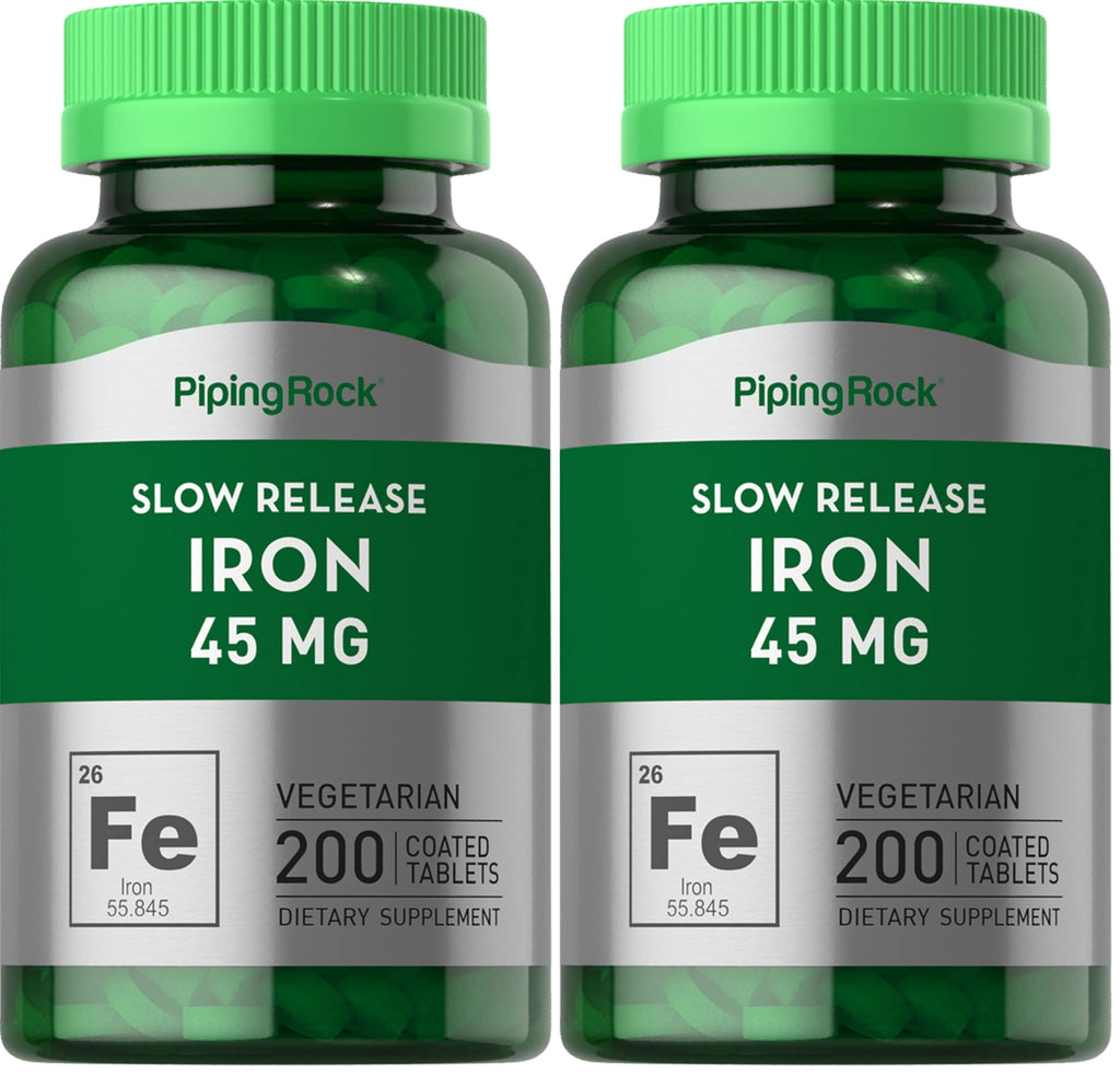 Piping Rock Iron Supplement 45 mg – 200 Tablets – Slow Release Ferrous Sulfate – Vegetarian, Non-GMO & Gluten Free (Pack of 2) | For Women & Men