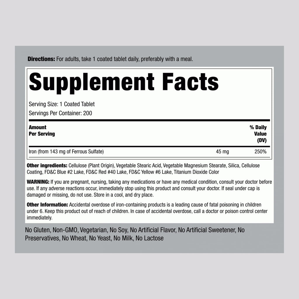 Piping Rock Iron Supplement 45 mg – 200 Tablets – Slow Release Ferrous Sulfate – Vegetarian, Non-GMO & Gluten Free (Pack of 2) | For Women & Men