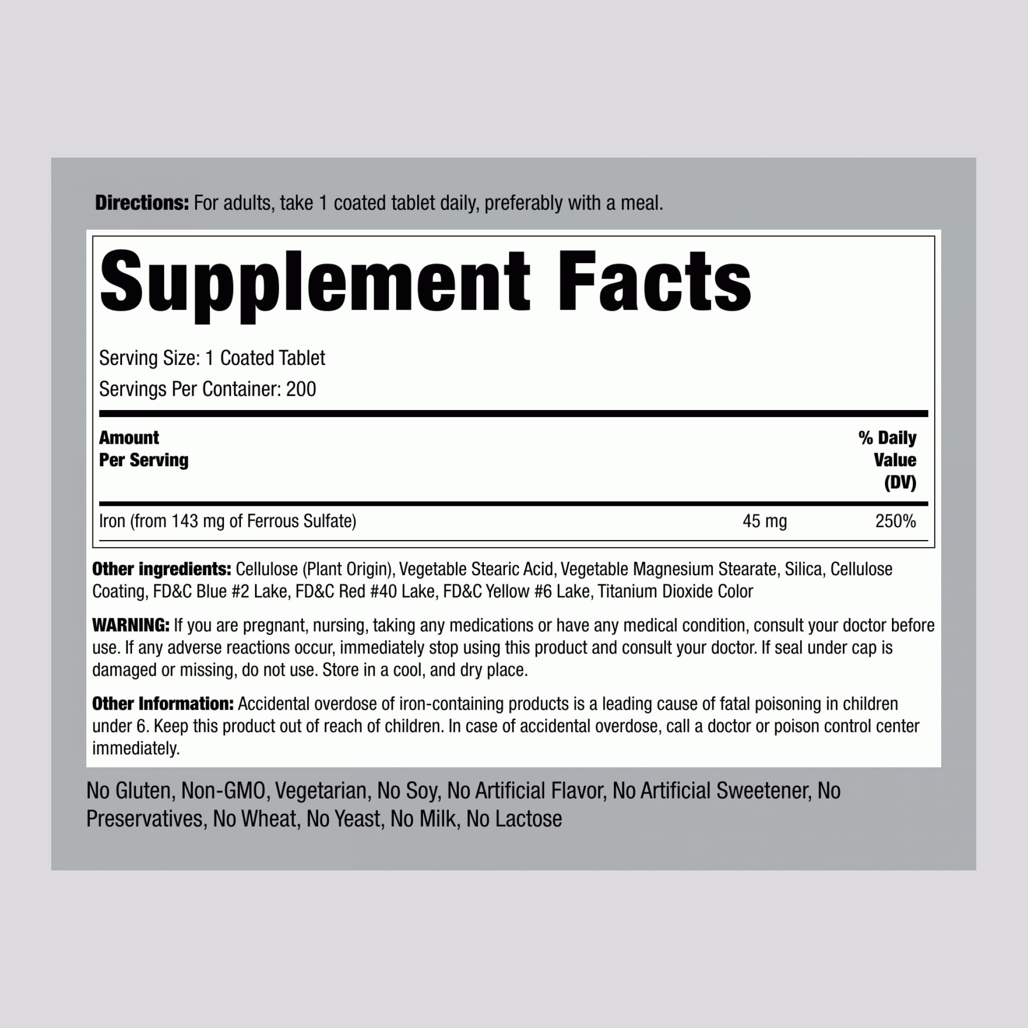 Piping Rock Iron Supplement 45 mg – 200 Tablets – Slow Release Ferrous Sulfate – Vegetarian, Non-GMO & Gluten Free (Pack of 2) | For Women & Men