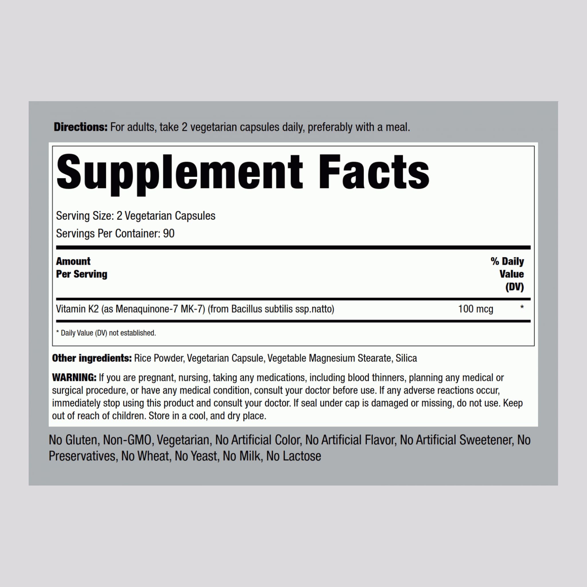 Piping Rock K2 MK7 Vitamin Supplement 100 mcg | 180 Vegetarian Capsules | Pack of 2