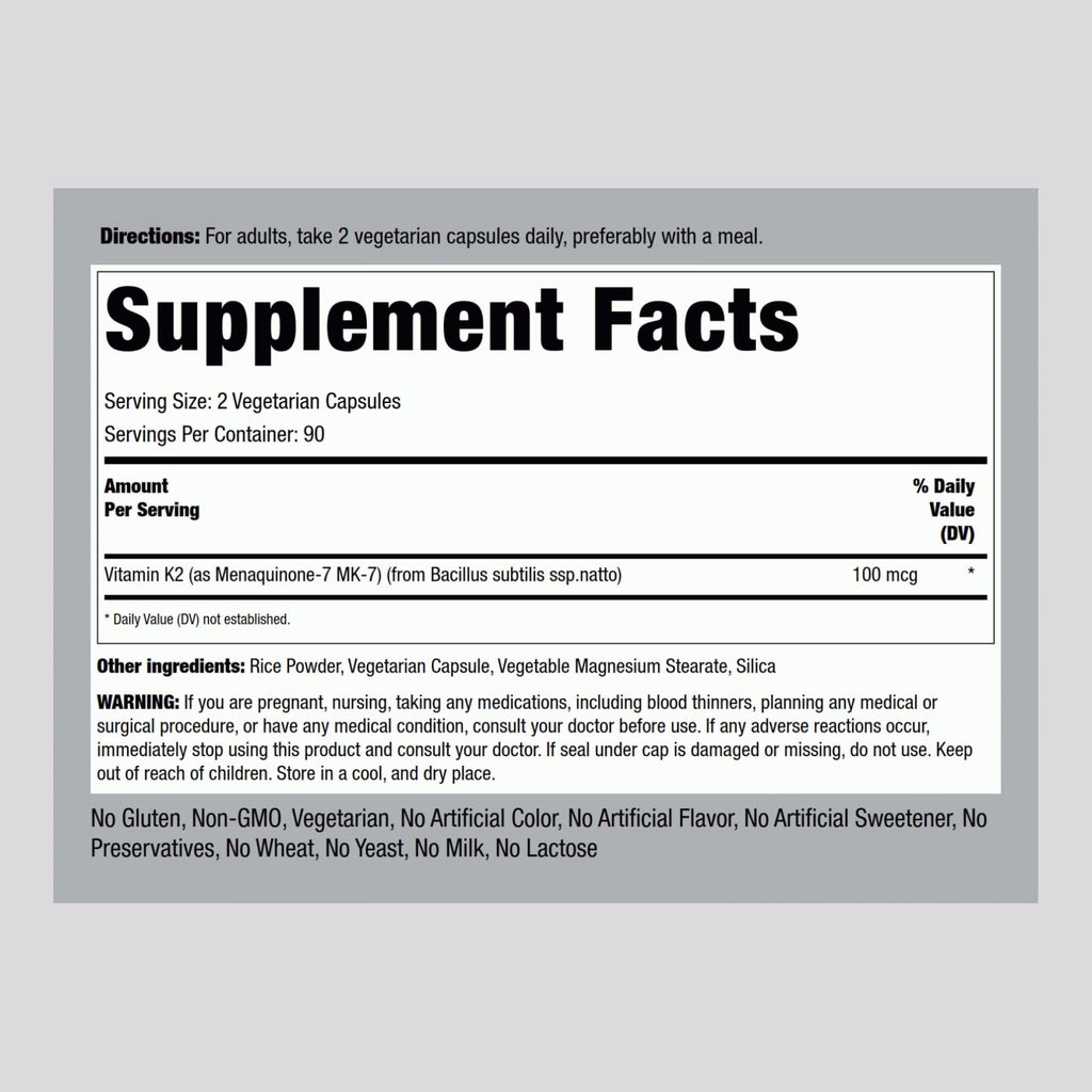 Piping Rock K2 MK7 Vitamin Supplement 100 mcg – 180 Vegetarian Capsules – Non-GMO, Gluten Free