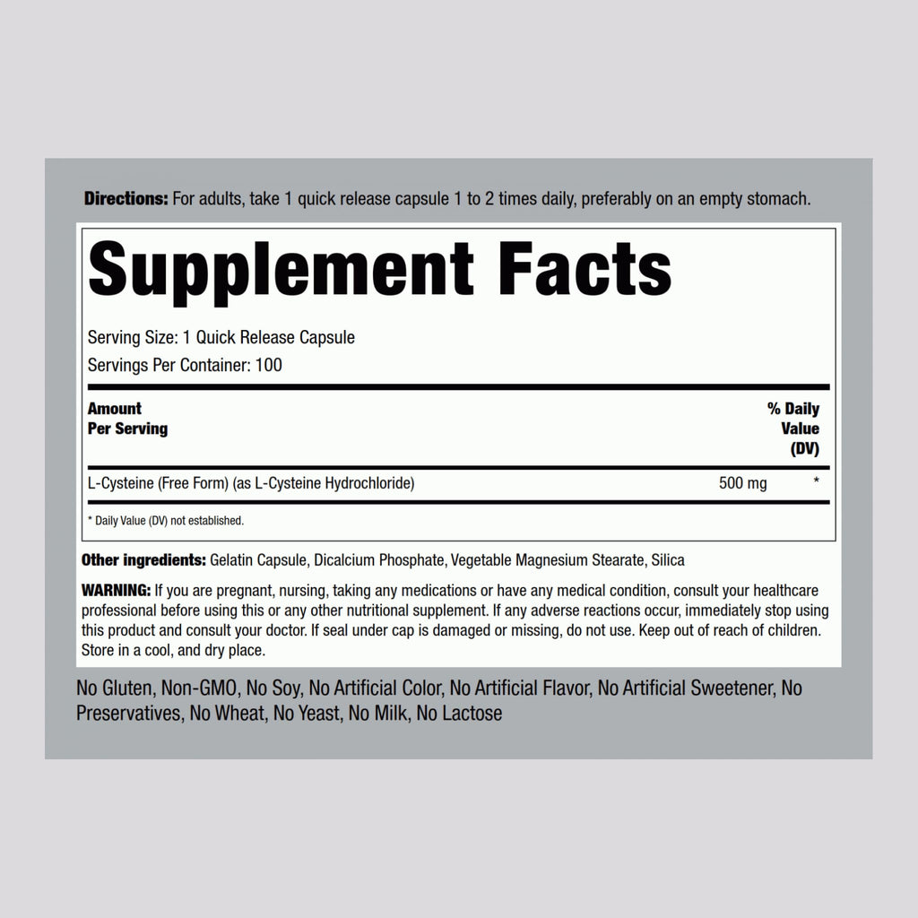 Piping Rock L-Cysteine 500 mg – 100 Capsules | Free Form, Non-GMO & Gluten Free