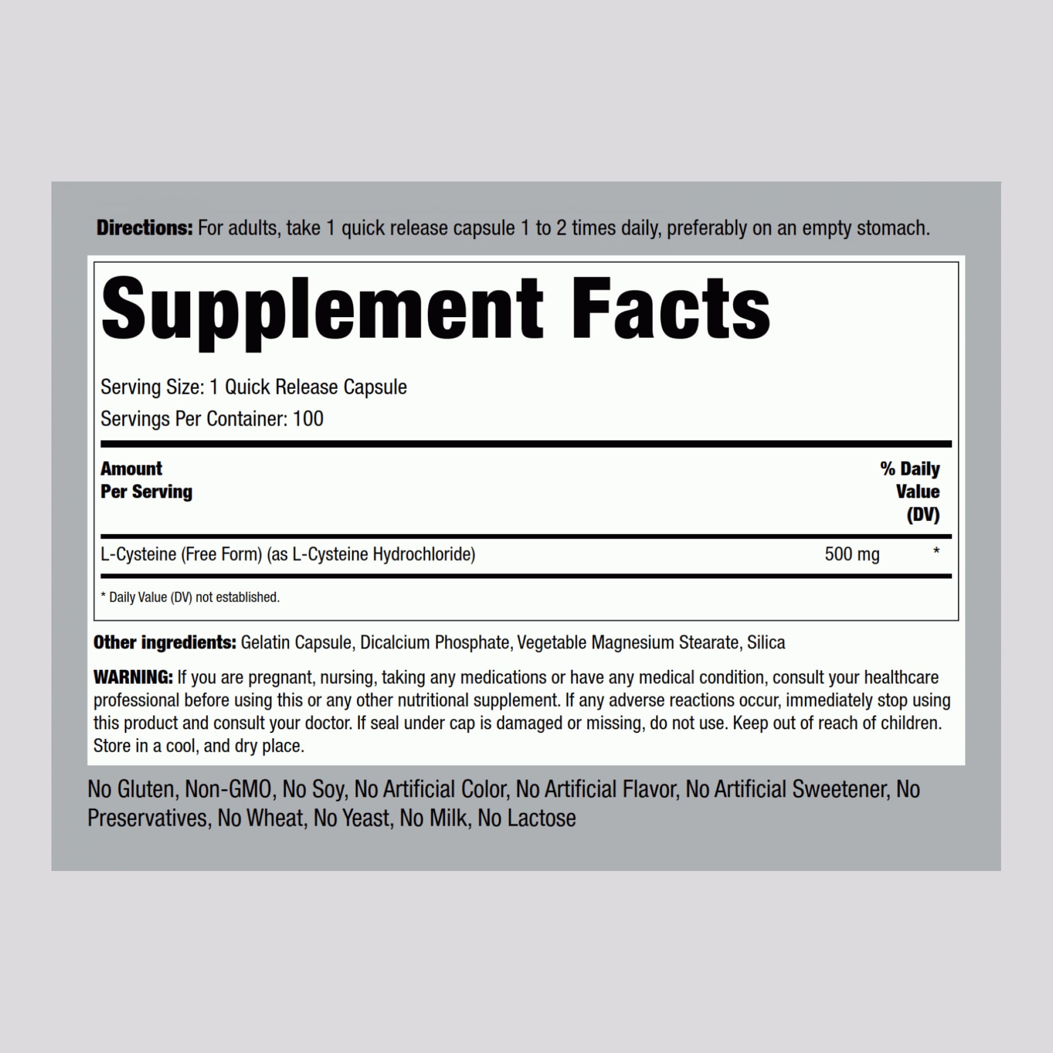 Piping Rock L-Cysteine 500 mg – 100 Capsules | Free Form, Non-GMO & Gluten Free
