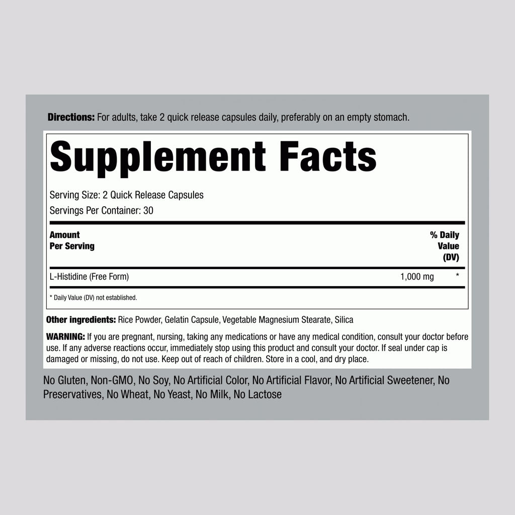 Piping Rock L-Histidine 1000 mg | 60 Capsules | Free Form Supplement | Non-GMO, Gluten Free (Pack of 2)