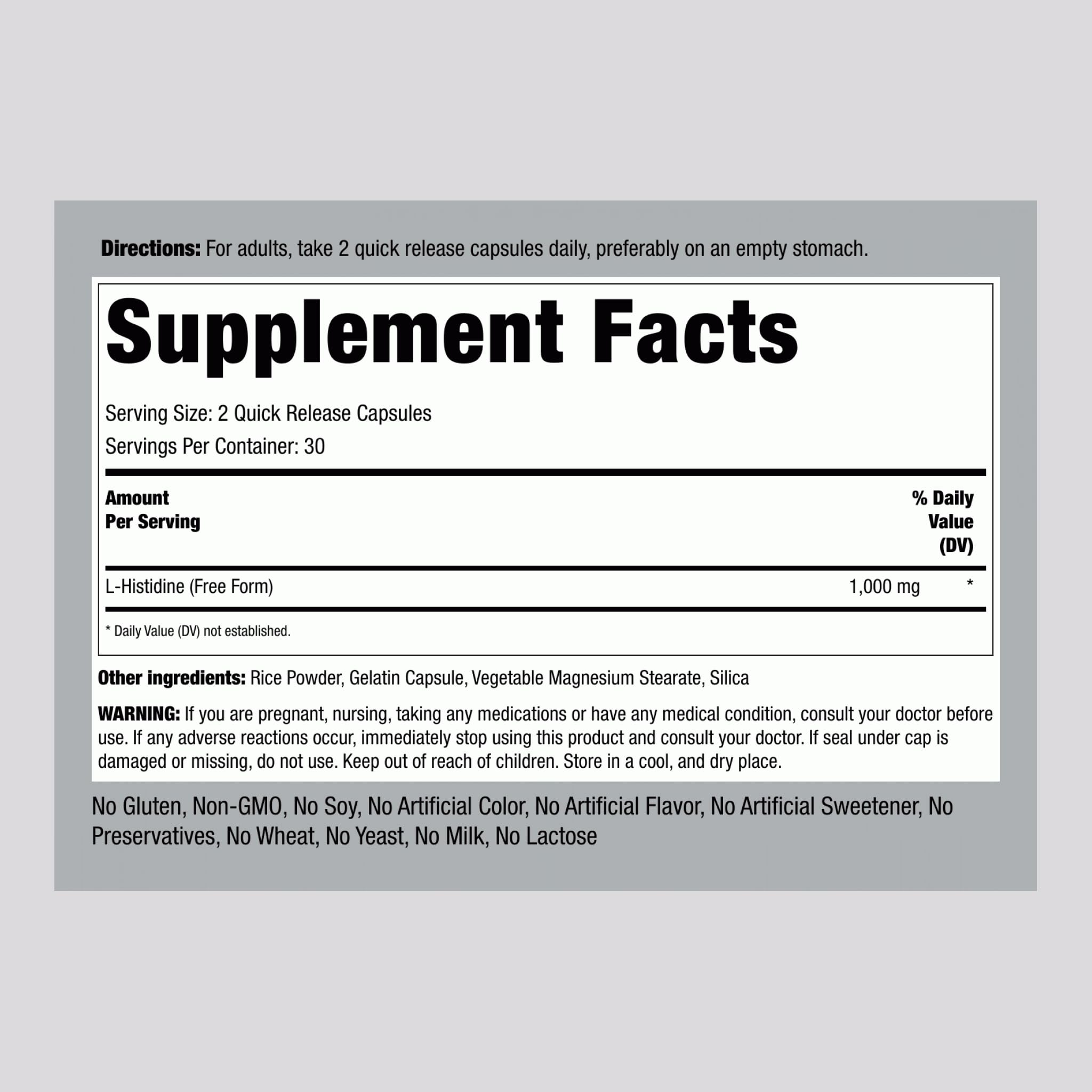 Piping Rock L-Histidine 1000 mg | 60 Capsules | Free Form Supplement | Non-GMO, Gluten Free (Pack of 2)