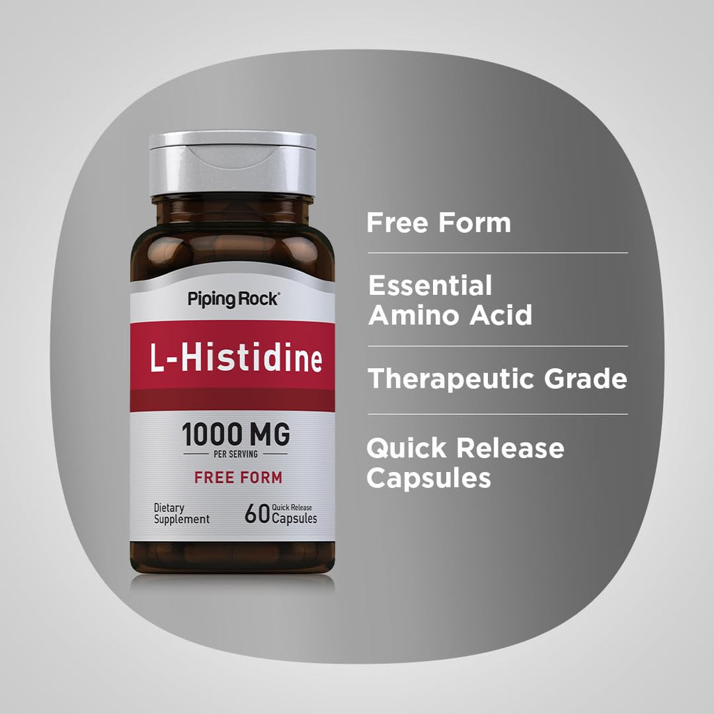 Piping Rock L-Histidine 1000 mg | 60 Capsules | Free Form Supplement | Non-GMO, Gluten Free (Pack of 2)