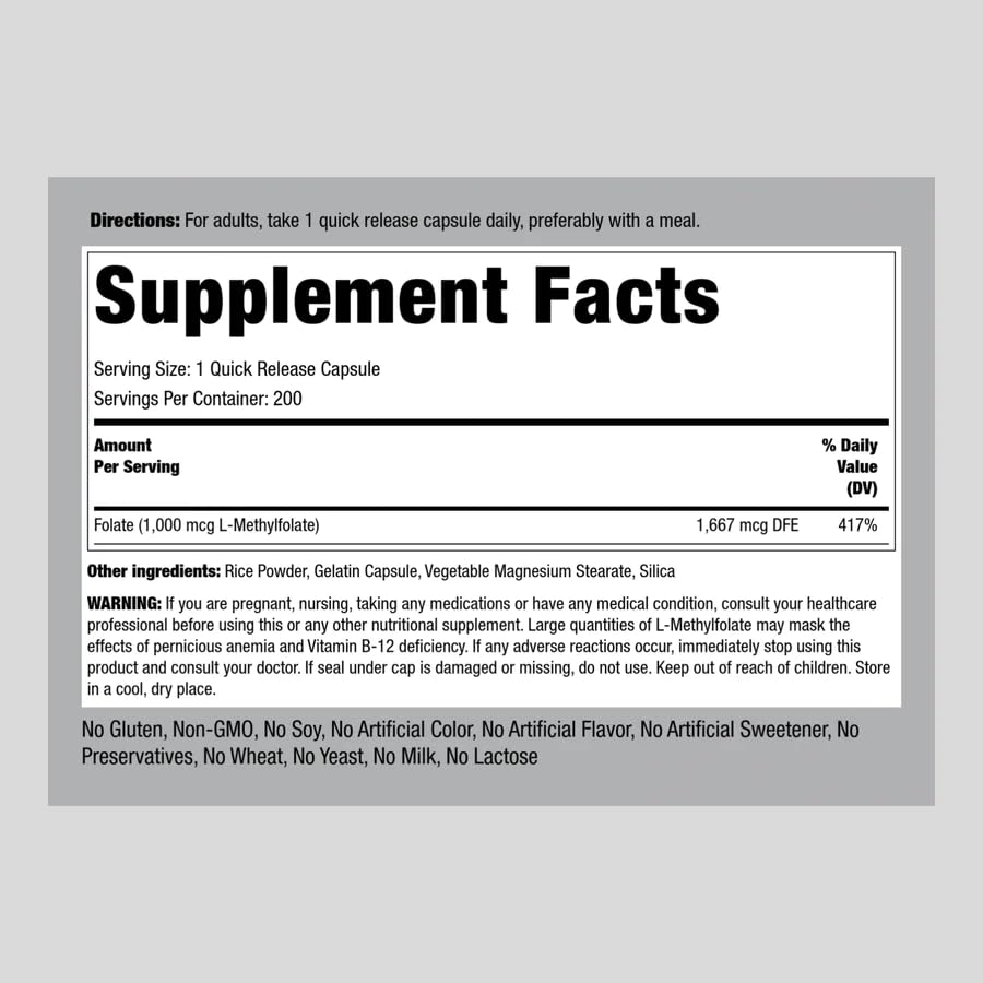 Piping Rock L-Methylfolate 1000 mcg – 200 Capsules (Pack of 2) | Active Folate, Non-GMO, Gluten Free